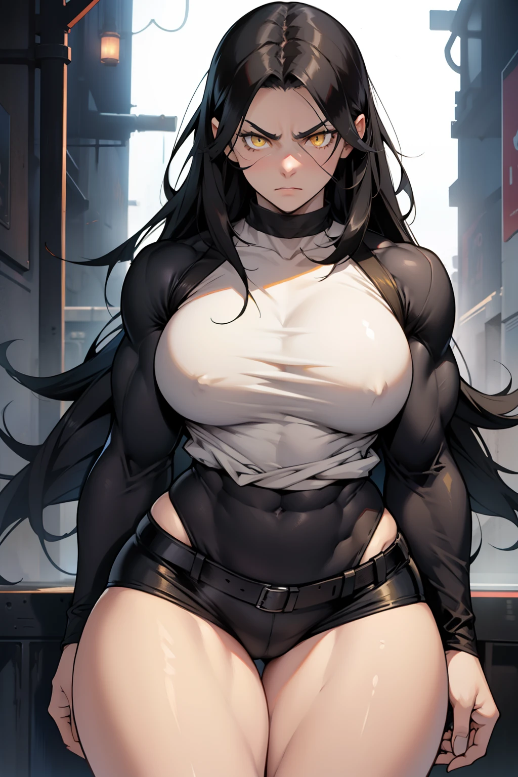 (((1girl muscular))) black hair very long hair yellow eyes pale skin angry tight shirt (thick thighs wide hips perky breasts)