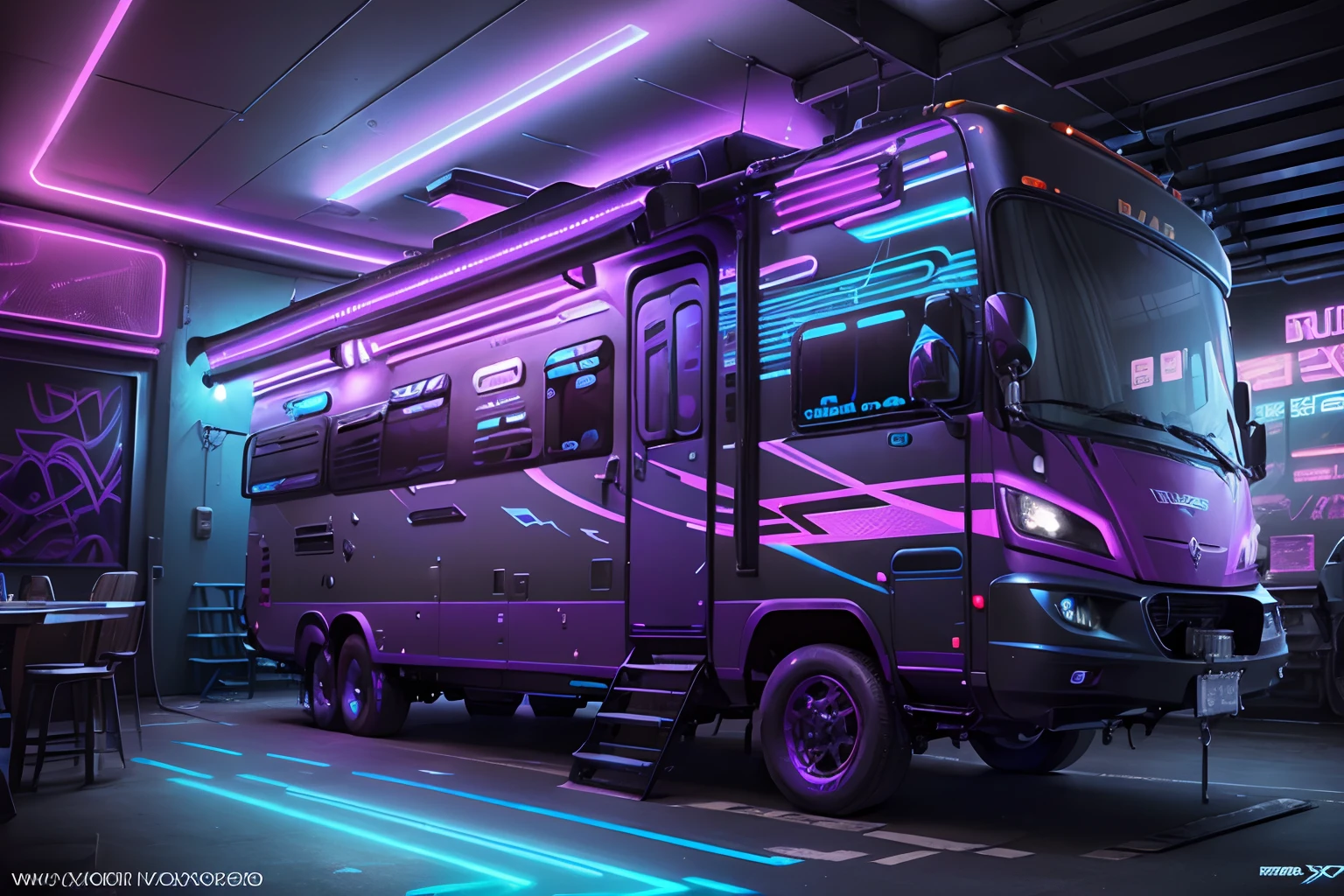 Cyberpunk style motorhome image, Blue and purple neon signage，Abstract graffiti on motorhome, (8K, awardwinning, Best quality, A high resolution, High details, Anatomically correct, Textured skin, 1 girl:1.3),(RV:1.3)Fly with high tech