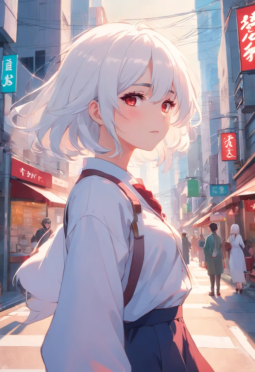white hair,Doppelte Pferdeschwanz-Locken,rote Farbe Augen,White Lolita,Beth,A busy city street