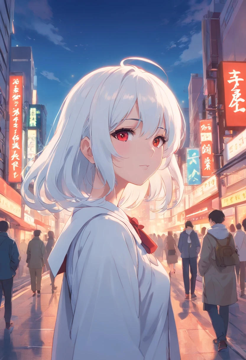 white hair，Doppelte Pferdeschwanz-Locken，rote Farbe Augen，White Lolita，Beth，A busy city street