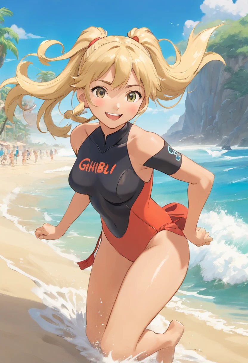 masterpiece, high resolution, anime style, beautiful adult woman at beach, surfer girl, wetsuit. blonde, long hair, ponytail, short sleeves, on sand, tanned, toned body, cleavage, smiling, excited, long legs, tall, bikini top