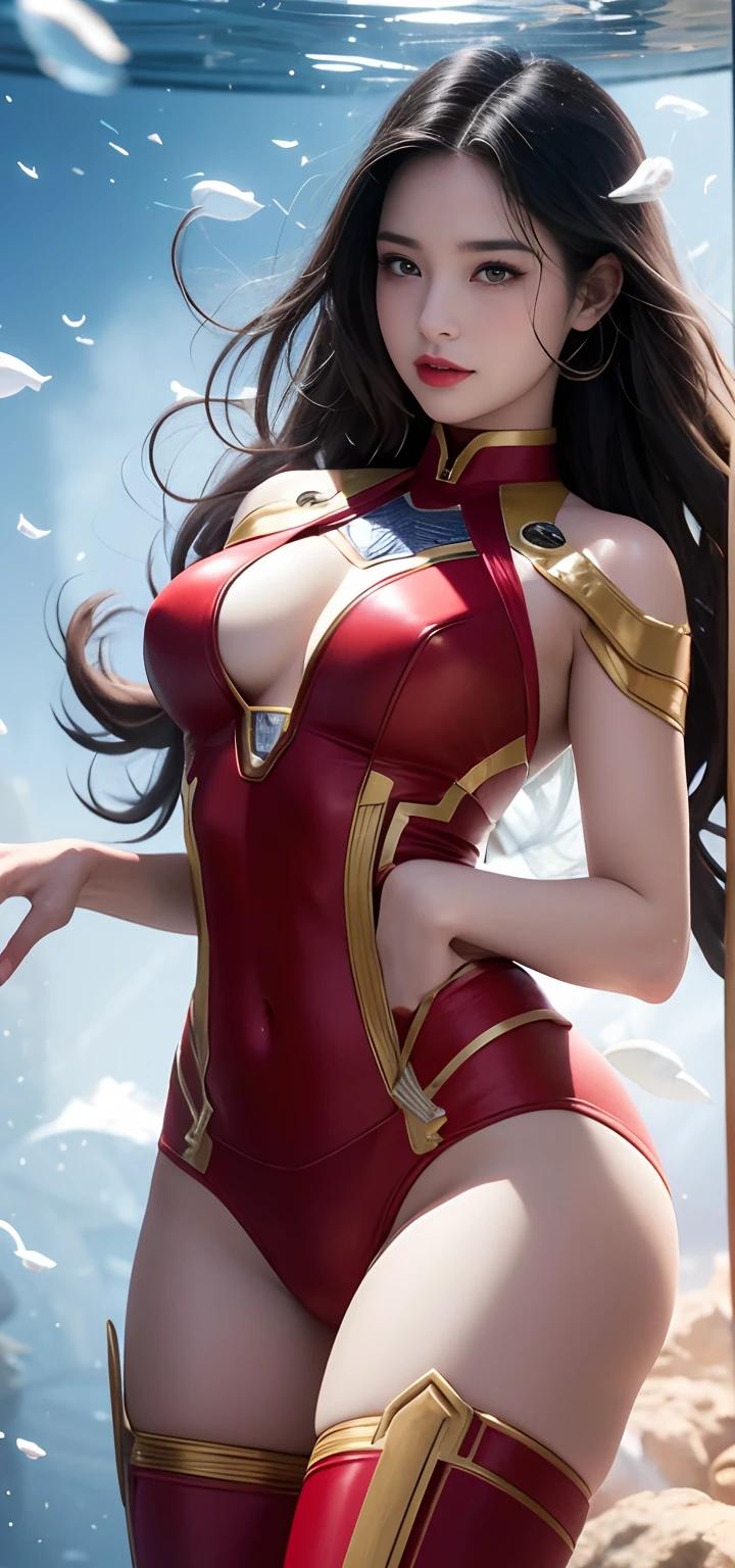 1female,41 years old,熟妇,A MILF ,Married Woman, mature,plumw,Bigchest ,独奏,(Background with:Underwater,ocean floor,Undersea volcanoes,airbubble,The corals) She has short black hair,standing underwater,seen from the front, hair straight,(((tmasterpiece),(Very detailed CG unity 8K wallpaper),best qualtiy,cinmatic lighting,detailed back ground,beatiful detailed eyes,Bright pupils,Redlip(Very fine and beautiful),(Beautiful and detailed eye description),ultra - detailed,tmasterpiece,)),facing at camera,A high resolution,ultra - detailed),Exposed bulge,Raised sexy,Camel toes,Flushed complexion,Open-mouthed,frontage,captain america,(Wearing:Iron Man uniform)