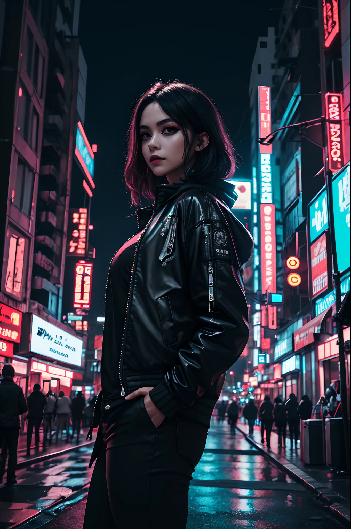 1 girl wearing jacket, cyberpunk city as background set in night, neon, intricate details, depth of field, make up, best quality, RAW photo, highly detailed, majestic, digital photography