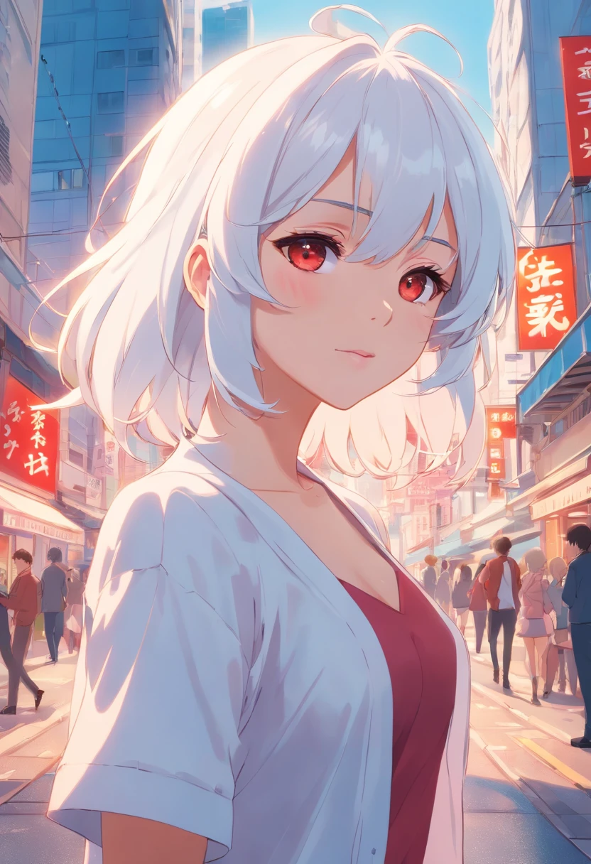 white hair,Doppelte Pferdeschwanz-Locken,rote Farbe Augen,White ta,Beth,A busy city street ((NSFW))