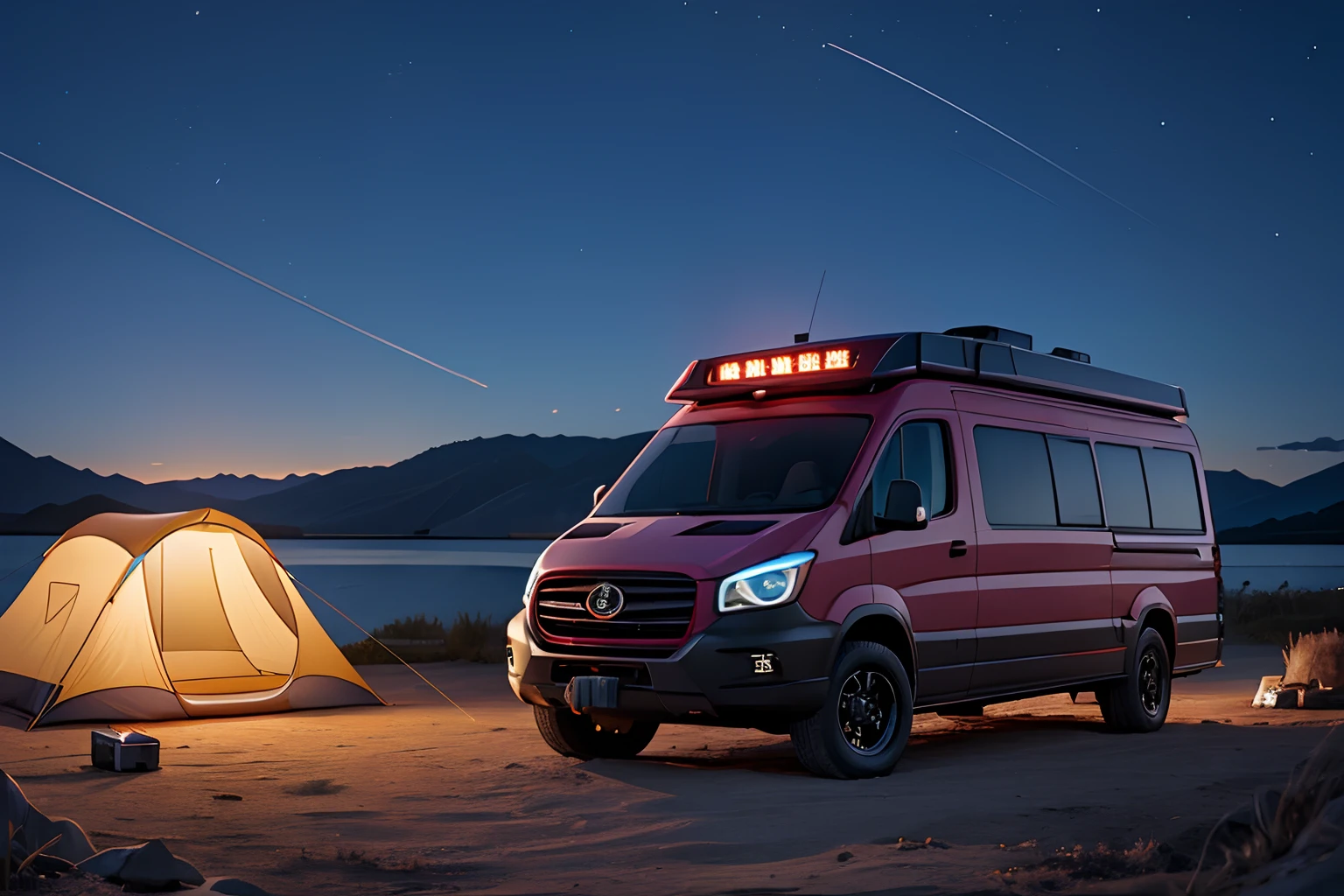 RV，An RV，Campervan,(1 girl:1.4), Solo,Tarp tent,bonfires,Volumetric lighting BREAK（tmasterpiece：1.2），（best qualtiy），ultra - detailed，（dynamic compositions：1.4），detail-rich，plethora of colors，（Irridescent color：1.2），（with light glowing，Atmospheric lighting），Extremely detailed beauty, ridiculous, unbelievable Ridiculous,A high resolution, illustratio,NFFSW, unified,8K picture wallpaper,hentail realism，photoreali，（realisticlying，photograph realistic：1.37），（natta），