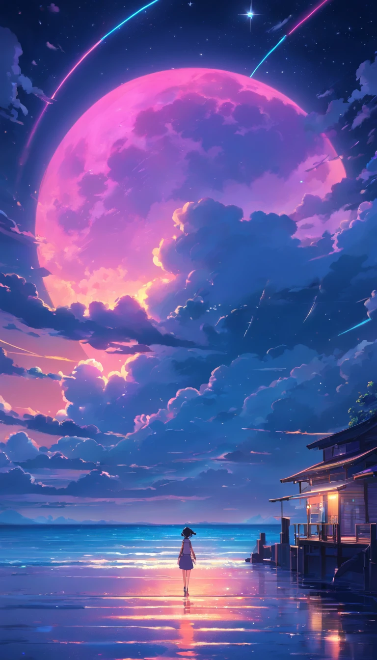 Neon Light Art, In the dark of night, moonlit ocean, Clouds, Moon, Stars, Colorful, Detailed, 4K
