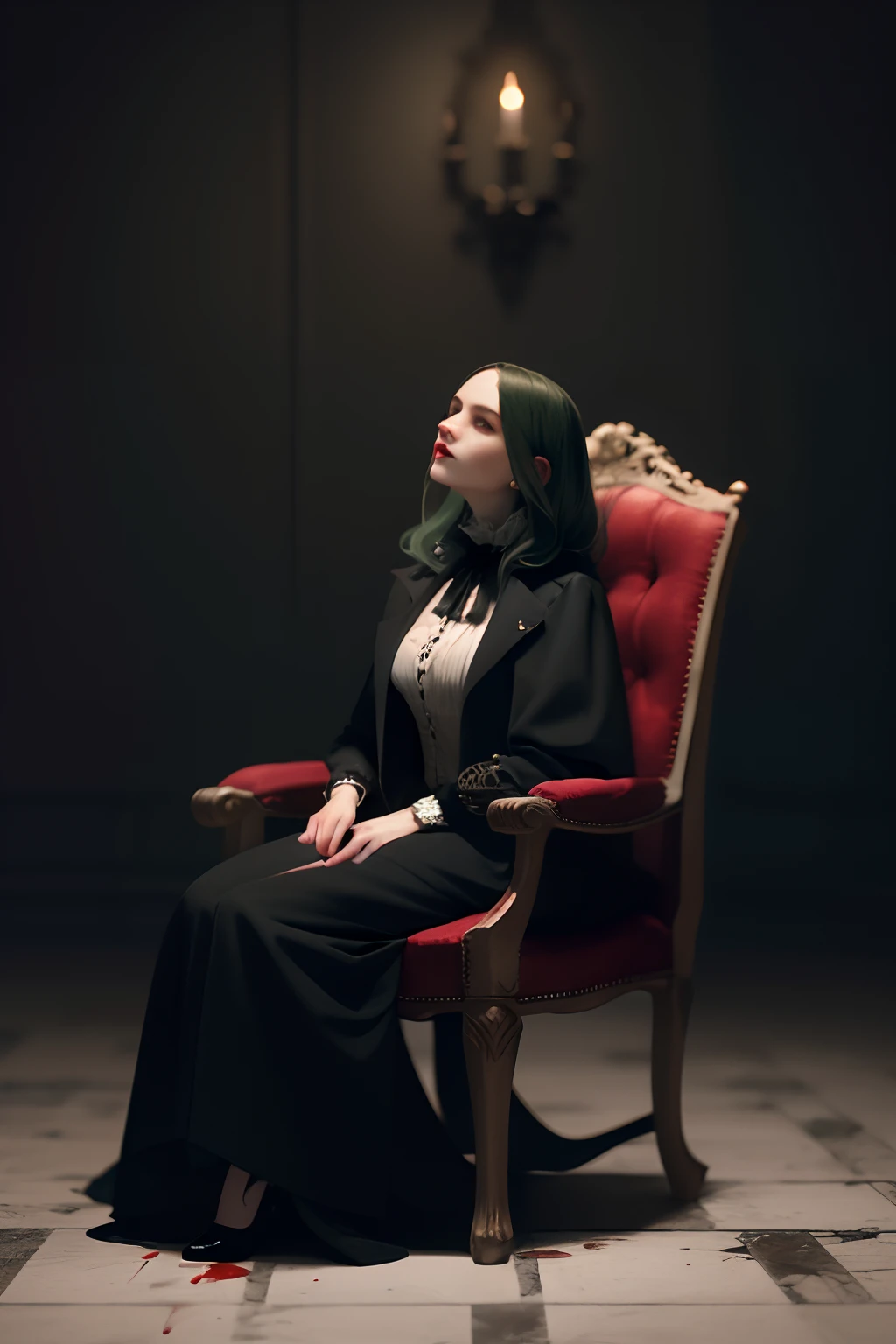 Create a photorealistic 8K Dracula tribute full-body photo of a stunning young vampire woman with dark green hair, wearing a black coat and ruffled shirt with a high collar. She's seated on a bone chair in a dark fantasy setting with a blood-covered marble floor, intricate details, sharp facial features, and a sharp focus. The background features a tree without leaves and only bones. The image is inspired by Bram Stoker's Dracula.