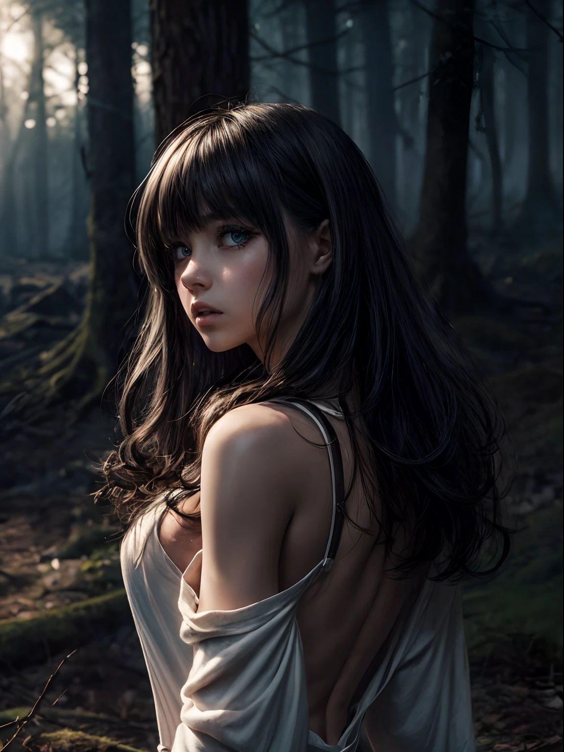 8k, best quality, masterpiece, highly detailed, semi realistic, a girl, a girl, 20 years old, looking at hands, long white hair with bangs, curly hair, green eyes, black Japanese style cut clothes, white pants, bare shoulders, golden details, thin figure, cold expression, (battle scenes), outdoors, forest background, with many trees and dark sky