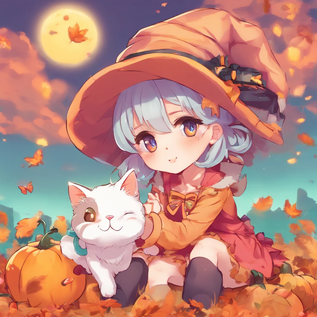 anime girl sitting on a pumpkin with a cat and a witch, halloween art style, trick or treat, halloween celebration, ❤🔥🍄🌪, halloween, , splash art anime lolilloween theme, 🍂 cute, halloween night, in a halloween style, witch fairytale, zerochan art, hq artwork, halloween atmosphere, zerochan, halloween scene, graveyard background, simple background, colorful, detailed, kawaii