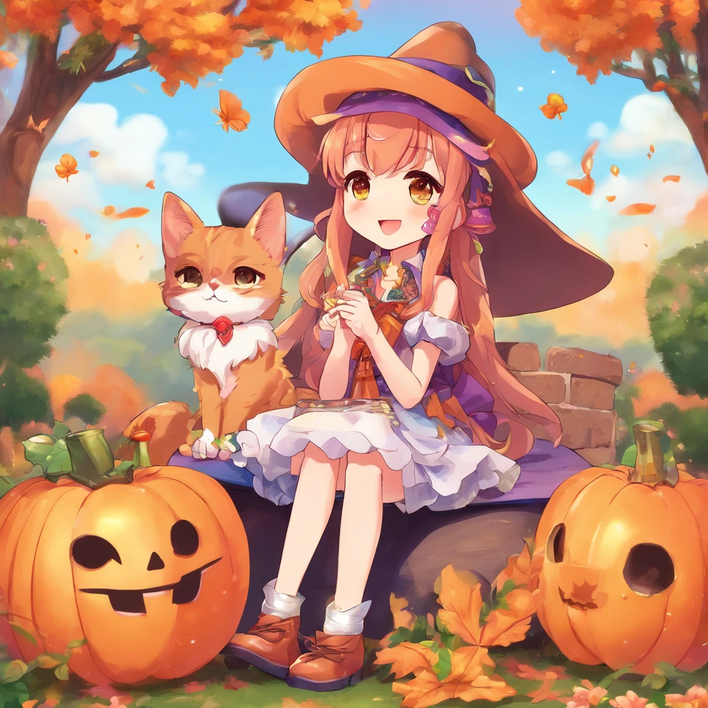 anime girl sitting on a pumpkin with a cat and a witch, halloween art style, trick or treat, halloween celebration, ❤🔥🍄🌪, halloween, , splash art anime lolilloween theme, 🍂 cute, halloween night, in a halloween style, witch fairytale, zerochan art, hq artwork, halloween atmosphere, zerochan, halloween scene, graveyard background, simple background, colorful, detailed, kawaii