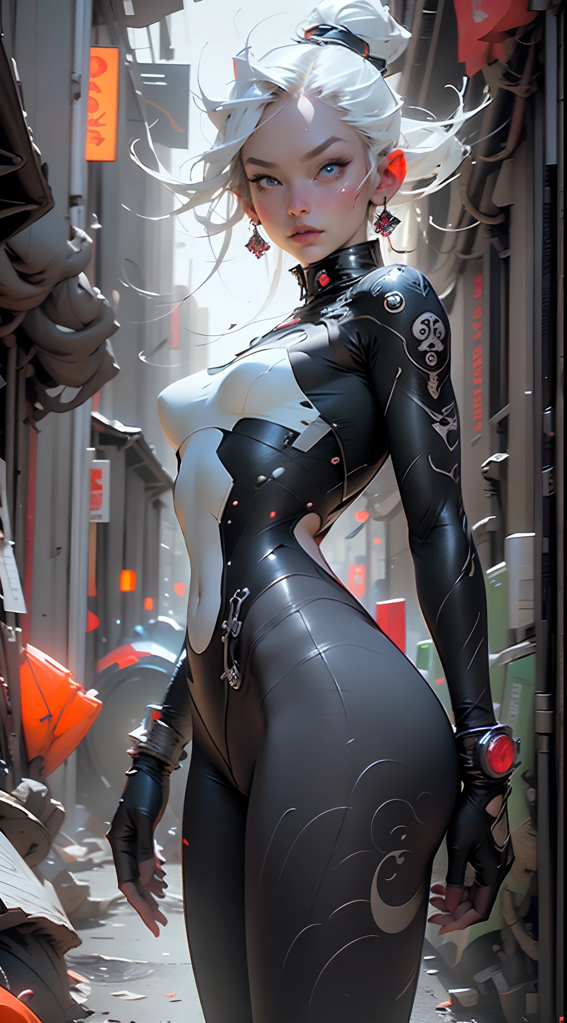 (((Young White Woman))), ((Best Quality)), ((Masterpiece)), (Detail: 1.4), 3D, A Beautiful Cyberpunk Woman with Simon Bisley-style micro thong, Genesis evangelion neon style clothing, 2-piece clothing, Long silver hair, arm tatoo, cybernetic hands, pastel, Centered, scale to fit the dimensions, nffsw (High dynamic range),Ray tracing,NVIDIA RTX,Hyper-Resolution,Unreal 5,Subsurface Dispersion, PBR Texture, Post-processing, Anisotropy Filtering, depth of fields, Maximum clarity and sharpness, Multilayer textures, Albedo and specular maps, Surface Shading, accurate simulation of light and material interactions, Perfect proportions, Octane Render, Two-tone lighting, Wide aperture, Low ISO, White Balance, thirds rule, 8K Raw, Crysisnanosuit,loraeyes,nijistyle,pantyhose,Blue eyes