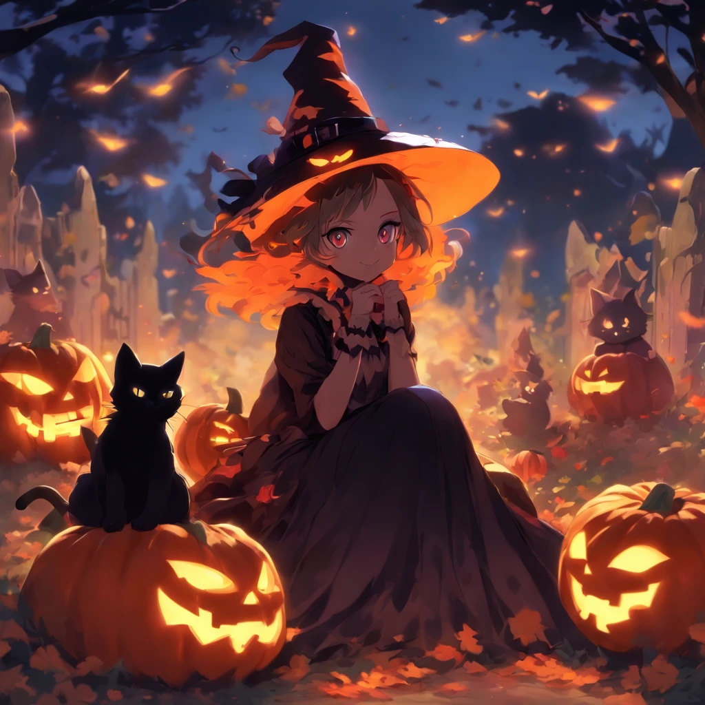 anime girl sitting on a pumpkin with a cat and a witch, halloween art style, trick or treat, halloween celebration, ❤🔥🍄🌪, halloween, , splash art anime lolilloween theme, 🍂 cute, halloween night, in a halloween style, witch fairytale, zerochan art, hq artwork, halloween atmosphere, zerochan, halloween scene, graveyard background, simple background, colorful, detailed, kawaii