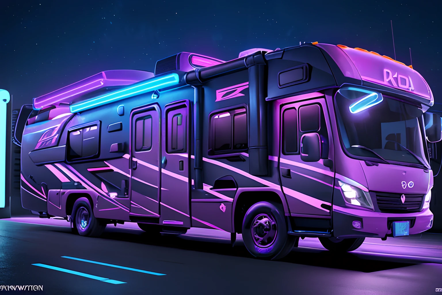 Cyberpunk style motorhome image, Blue and purple neon signage，Abstract graffiti on motorhome, (8K, awardwinning, Best quality, A high resolution, High details, Anatomically correct, Textured skin, 1 girl:1.3),(RV:1.3)Fly with high tech