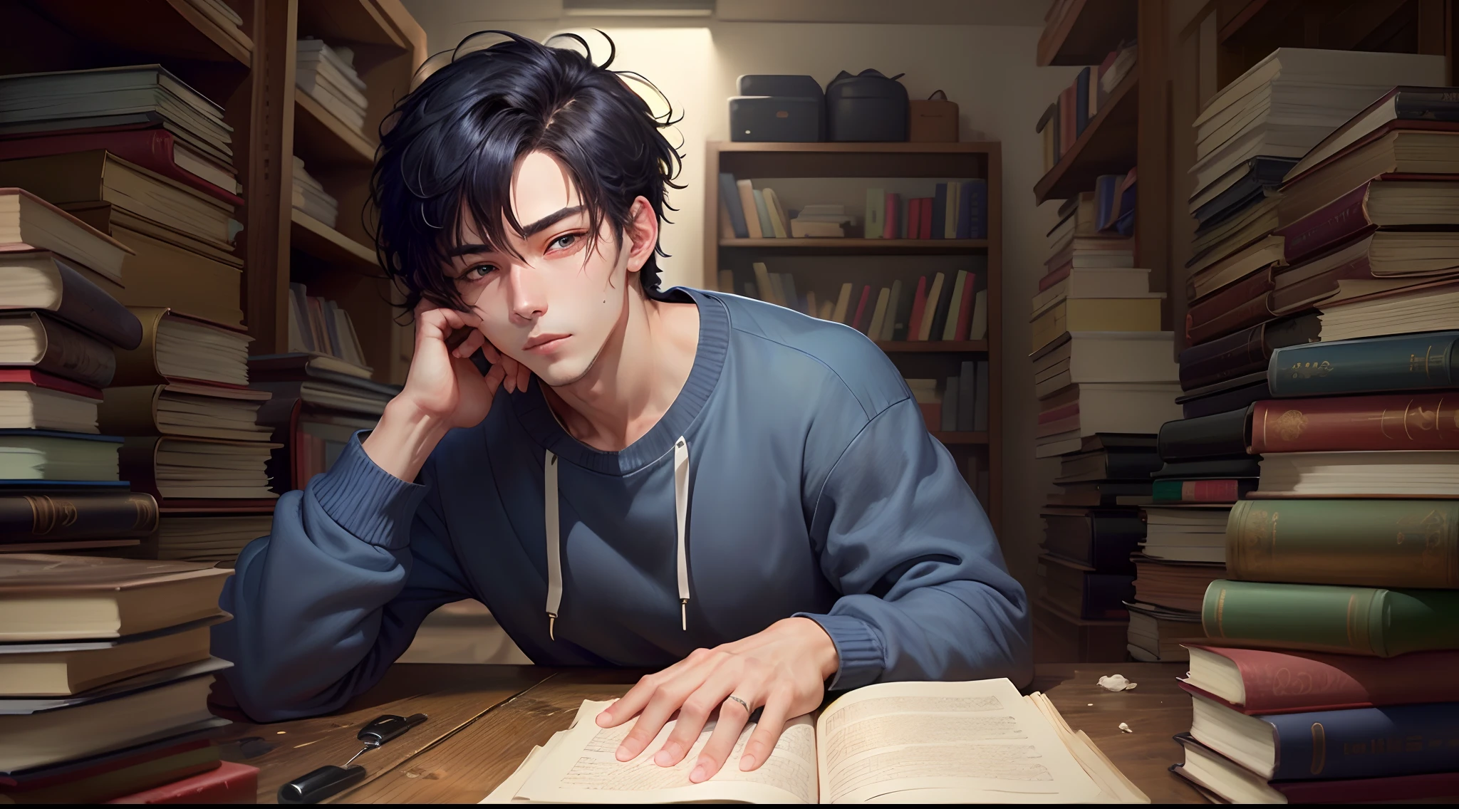 male people、20s、bobhair、unkempt
I can't see in my left eye because of my hair、
Blue eye in right eye
Thick black sweatshirt、Dark hair、The tips of the hair bounce
Sit with your knees on the floor

1 Boy, [Detailed background (Bedroom, Books are cluttered、a lots of books)], Black hair, jet-black hair, Short black hair, Korean hairstyle, messy hair style, Lean, Muscular men, Alpha Male, Masculine men, tall male ((Man wears an indigo blue sweatshirt, grey sweatpants)))), Correct limbs, Correct anatomy,  Eye details, Beautiful eyes, Delicate eyes, Blue eyes pale chest, narrow shoulder、small waist, Long legs, Dishonest face、Straight to the floor、Precise regime、Biologically elaborate、Anime style、Black tone
Portrait size