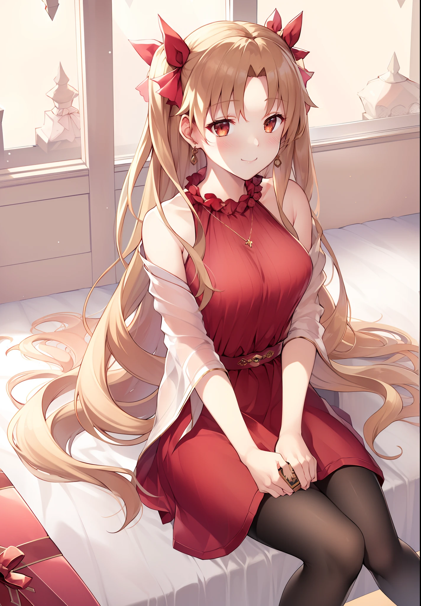 Masterpiece, Best quality, high resolution,
BitterSweet, ValentineGown, 1girll, Solo, gift, Gift box, Sitting, box, Holding, view the viewer, Blush, holding gift, Very long hair, Smile, Pantyhose,