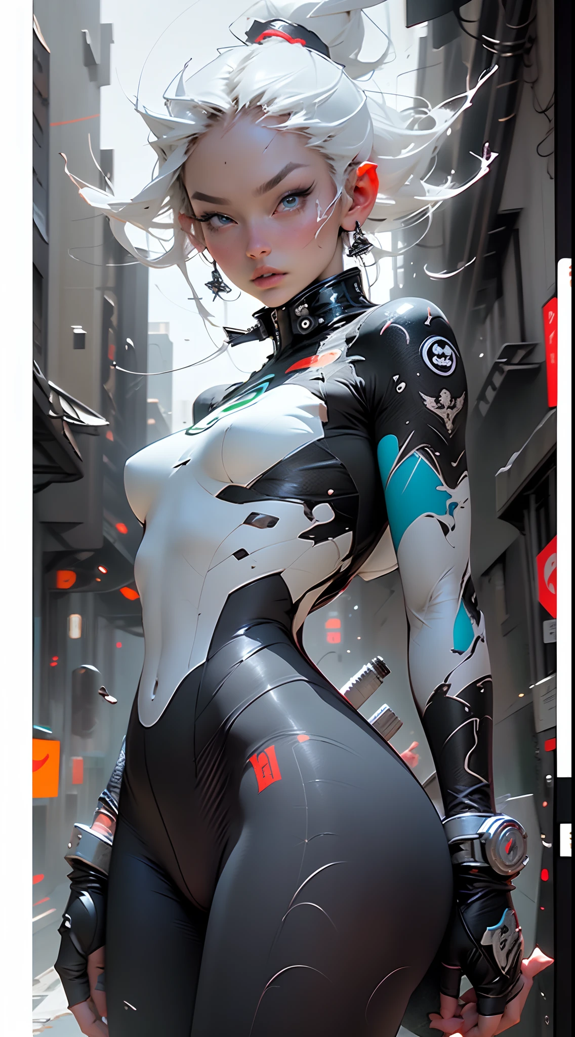 (((Young White Woman))), ((Best Quality)), ((Masterpiece)), (Detail: 1.4), 3D, A Beautiful Cyberpunk Woman with Simon Bisley-style micro thong, Genesis evangelion neon style clothing, 2-piece clothing, Long silver hair, arm tatoo, cybernetic hands, pastel, Centered, scale to fit the dimensions, nffsw (High dynamic range),Ray tracing,NVIDIA RTX,Hyper-Resolution,Unreal 5,Subsurface Dispersion, PBR Texture, Post-processing, Anisotropy Filtering, depth of fields, Maximum clarity and sharpness, Multilayer textures, Albedo and specular maps, Surface Shading, accurate simulation of light and material interactions, Perfect proportions, Octane Render, Two-tone lighting, Wide aperture, Low ISO, White Balance, thirds rule, 8K Raw, Crysisnanosuit,loraeyes,nijistyle,pantyhose,Blue eyes