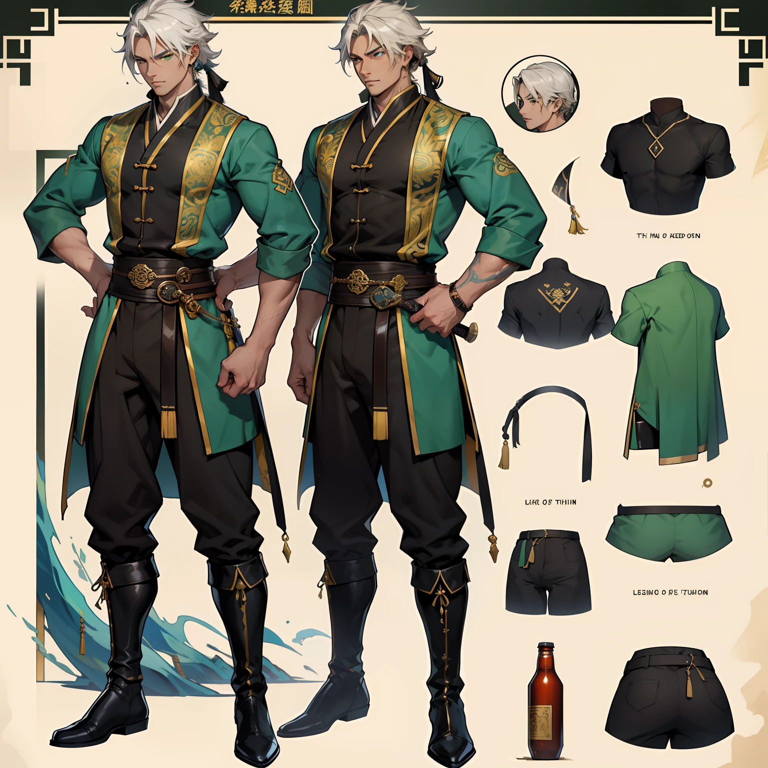 Character sheet, Handsome male. Perfect face, 6 ft 5 tall man. White hair. Long hair. Green eyes. Eyepatch. Earrings. Toned body. Muscular male, character design sheet，full bodyesbian, Full of details, body front view, body back view   Full body, front and back view, Traditional chinese clothes. Genshin Impact. Hydro vision. Bulge in pants. Liyue,**Nome:** **Liang Xun**

**Idade:** 30 anos

**Origem:** Mondstadt

**Elemental Vision:** Geo

**Physical description:**
Liang Xun is an imposing man, com uma estatura alta e musculosa. His broad shoulders and strong arms bear witness to years of training and battles. Your skin is tanned by the sun, and his calloused hands tell stories of past adventures. Ele tem olhos profundos e penetrantes, que parecem absorver cada detalhe do mundo ao seu redor. Her black hair is tied up in a stripped bun, permitindo que algumas mechas caiam sobre sua testa.

**Vestimenta:**
Liang Xun veste roupas tradicionais chinesas, inspiradas nas vestimentas dos personagens de Genshin Impact. He wears an emerald green silk tunic with gold embroidery on the sleeves and collar. The tunic is fastened by a wide brown leather belt, que acentua sua cintura forte. His pants are baggy and also silk, in the same color as the tunic. He wears sturdy leather boots, Ideal for long mountain hikes or cave explorations.

**Equipamento:**
Liang Xun carries a straight-bladed longsword, com uma empunhadura ornamentada em jade verde. The blade shimmers in the sunlight, indicando sua qualidade excepcional. It also has a leather backpack where it keeps essential supplies for your travels: comida seca, Water Bottles, medicinal herbs and a small book with notes about the elements and creatures he encounters.

**Personalidade:**
Despite its intimidating appearance, Liang Xun is kind and compassionate. He believes in harmony between the elements and the importance of protecting Teyvat from the dangers that lurk around every corner