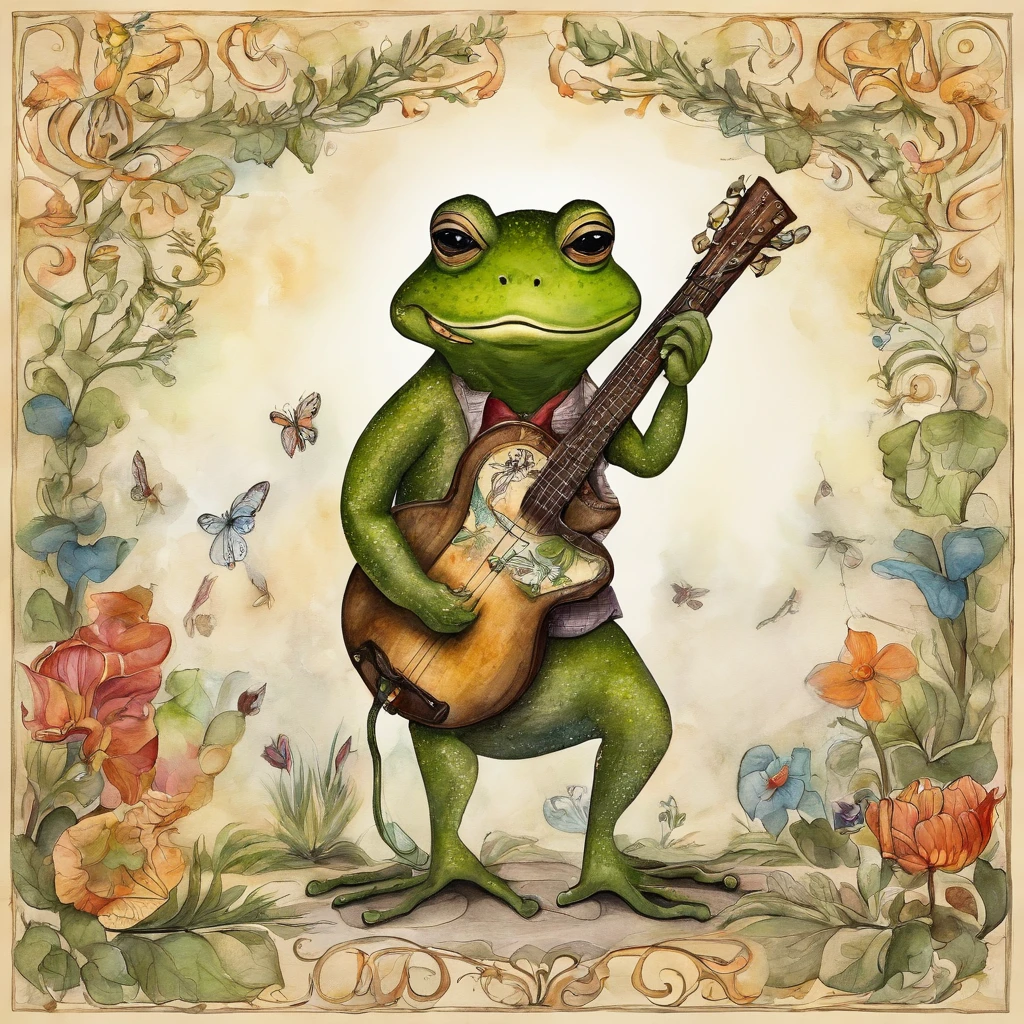 Estilo Manhwa，Anthropomorphic frog，El cachorro，Cachorro de roca，Ropa de moda，usa gafas oscuras，toca la guitarra，locura，Waving musical symbols，ballroom，lamplight，Focos，8k，Super-fino，cuerpo completosbian，Mejor calidad，solo, fondo blanco