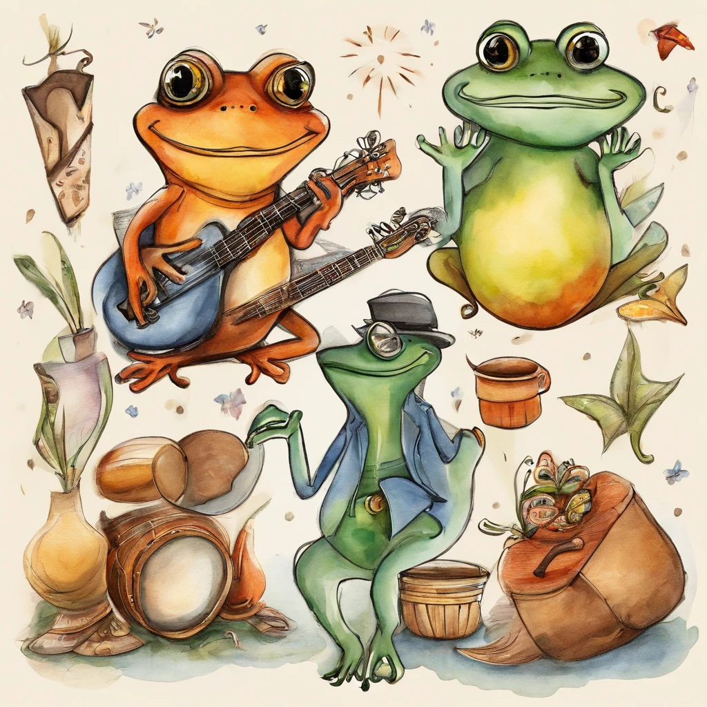 Estilo Manhwa，Anthropomorphic frog，El cachorro，Cachorro de roca，Ropa de moda，usa gafas oscuras，toca la guitarra，locura，Waving musical symbols，ballroom，lamplight，Focos，8k，Super-fino，cuerpo completosbian，Mejor calidad，solo, fondo blanco