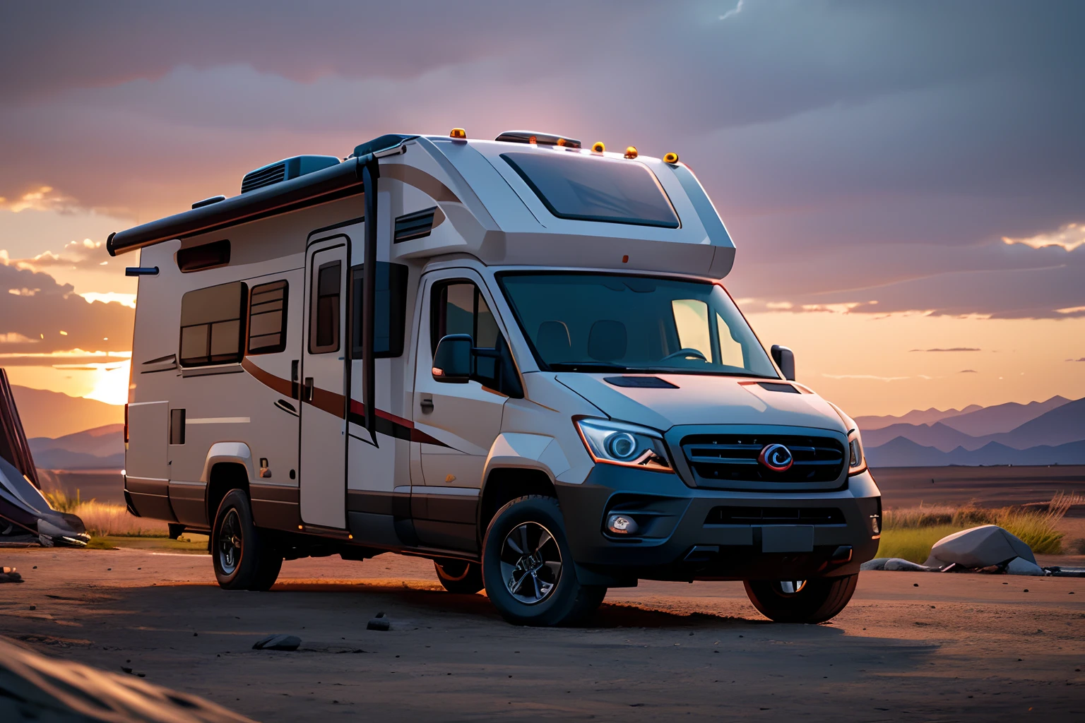 RV，An RV，Campervan,Solo,bonfires,Volumetric lighting BREAK（tmasterpiece：1.2），（best qualtiy），ultra - detailed，（dynamic compositions：1.4），detail-rich，plethora of colors，（Irridescent color：1.2），（with light glowing，Atmospheric lighting），Extremely detailed beauty, ridiculous, unbelievable Ridiculous,A high resolution, illustratio,NFFSW, unified,8K picture wallpaper,hentail realism，photoreali，（realisticlying，photograph realistic：1.37），（natta），