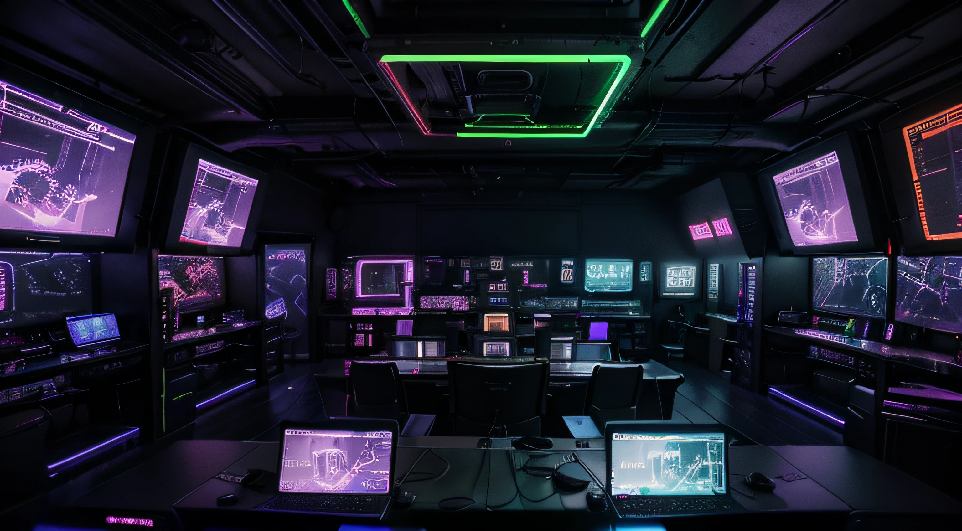 a dimly lit computer lab with lots of monitors and a keyboard, cyberpunk setting, Cyber punk configuration, cyber neon lighting, cyber space, cyberpunk with neon lighting, luzes cyber neon, in a cyberpunk themed room, interior cyberpunk, Gamer screen on metal table, cyber aesthetic, Cybernetic style, computador sci-fi, cyber background, cyber installation, console e computador