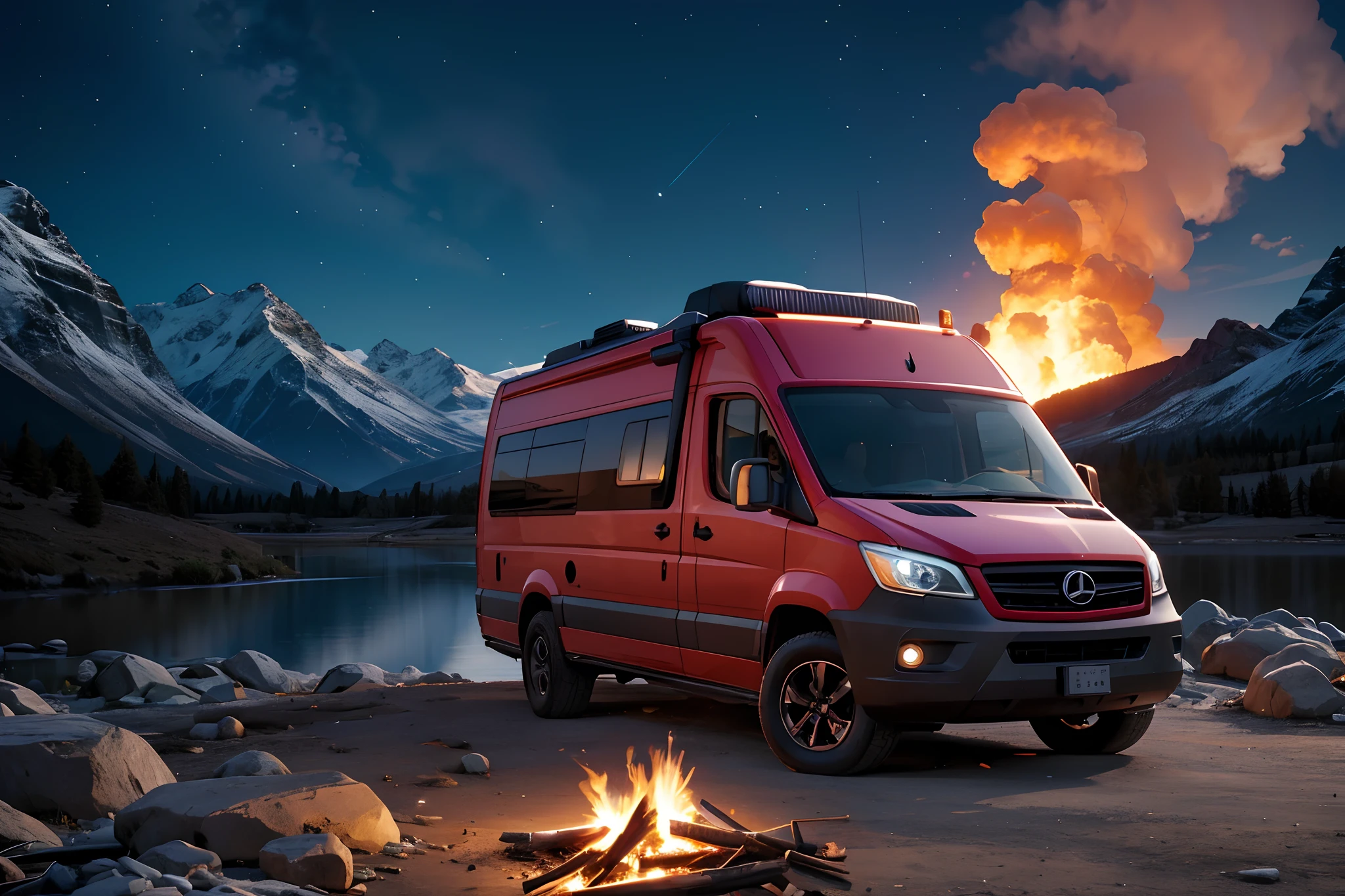 RV，An RV，Campervan,Solo,bonfires,Volumetric lighting BREAK（tmasterpiece：1.2），（best qualtiy），ultra - detailed，（dynamic compositions：1.4），detail-rich，plethora of colors，（Irridescent color：1.2），（with light glowing，Atmospheric lighting），Extremely detailed beauty, ridiculous, unbelievable Ridiculous,A high resolution,  illustratio,NFFSW, unified,8K picture wallpaper,hentail realism，photoreali，（realisticlying，photograph realistic：1.37），（natta），