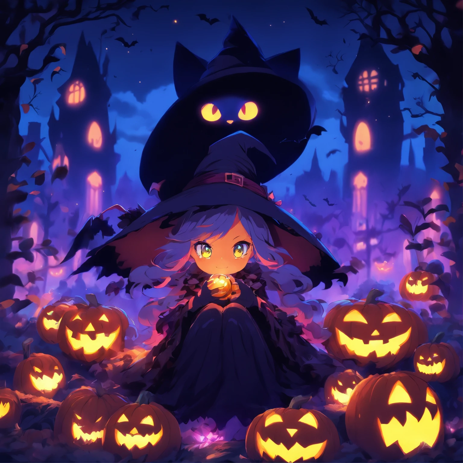 anime girl sitting on a pumpkin with a cat and a witch, halloween art style, trick or treat, halloween celebration, ❤🔥🍄🌪, halloween, loli, splash art anime loli, halloween theme, 🍂 cute, halloween night, in a halloween style, witch fairytale, zerochan art, hq artwork, halloween atmosphere, zerochan, halloween scene, graveyard background, simple background, colorful, detailed, kawaii