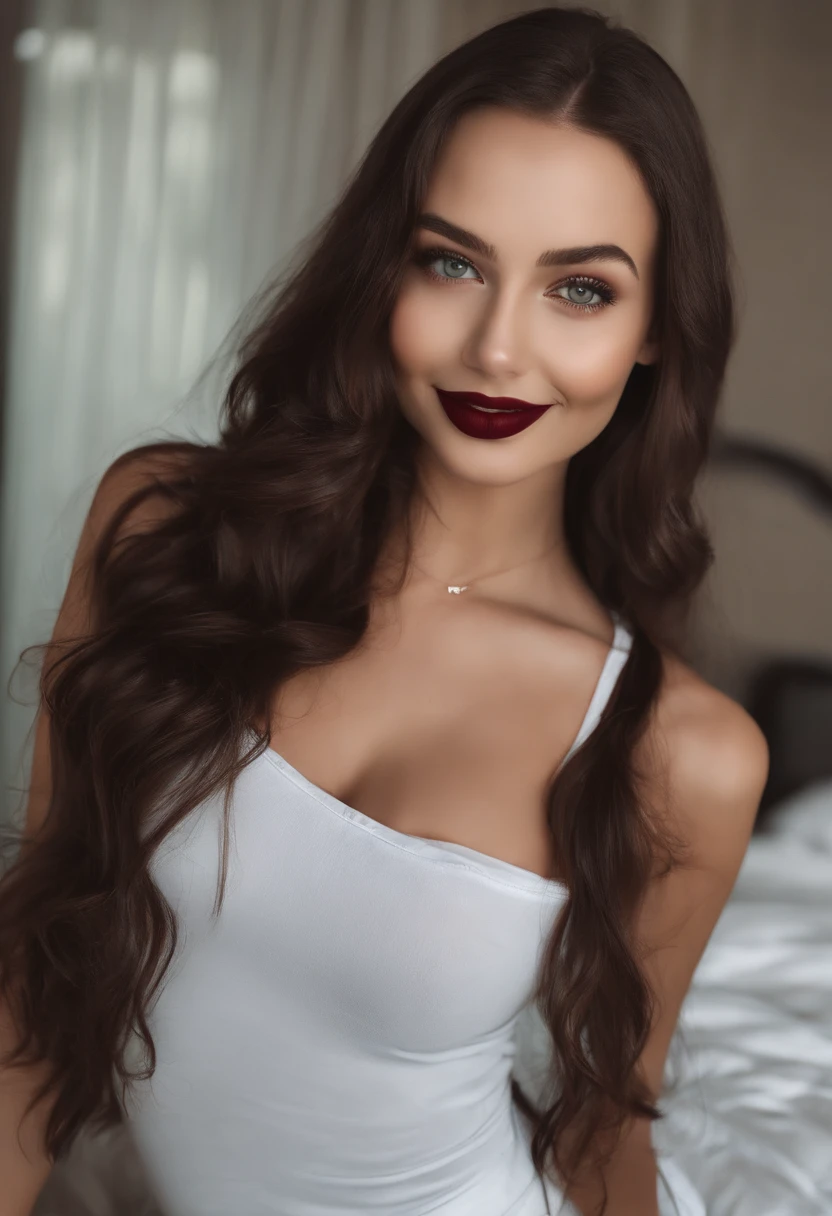 NSFW, (Evil smile:1.5),Big Alafed Woman, Sexy girl with green eyes, Portrait Sophie Mudd, brown hair and large eyes,Short Pinker Hair, (dark red lips:1.3),(glossy lips:1.5)selfie of a young woman, bedroom eyes, Violet Myers, without makeup, Natural makeup, Looking directly at the camera, face with artgram, subtle makeup, Stunning full-body shots, Piercing Green Eyes, beautiful angle, Cute Girl, fully body photo, Full body, full body photographed, brunette goddess, high detailing, Sexy Pose, Transparent bikini