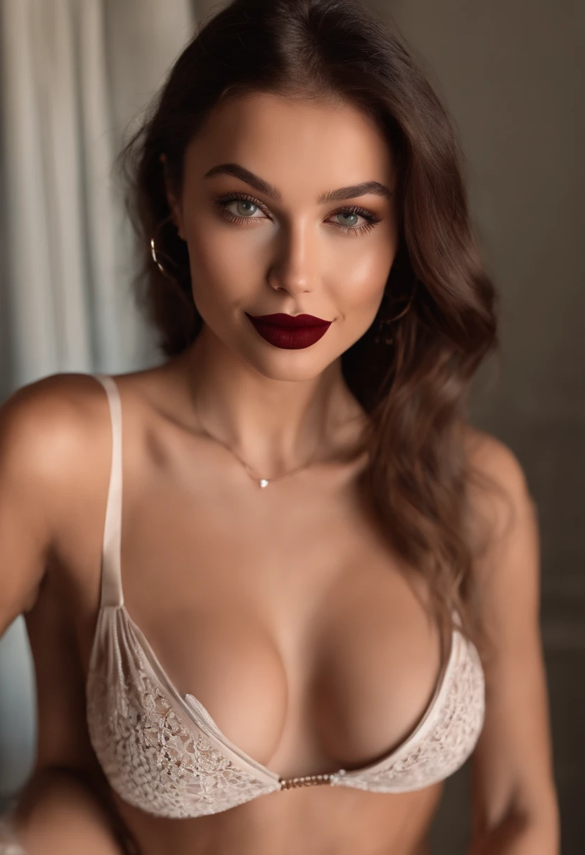 NSFW, (Evil smile:1.5),Big Alafed Woman, y girl with green eyes, Portrait Sophie Mudd, brown hair and large eyes,Short Pinker Hair, (dark red lips:1.3),(glossy lips:1.5)sie of a young woman, bedroom eyes, Violet Myers, without makeup, Natural makeup, Looking directly at the camera, face with artgram, subtle makeup, Stunning full-body shots, Piercing Green Eyes, beautiful angle, Cute Girl, fully body photo, Full body, full body photographed, brunette goddess, high detailing, Sexy P, Transparent bikini
