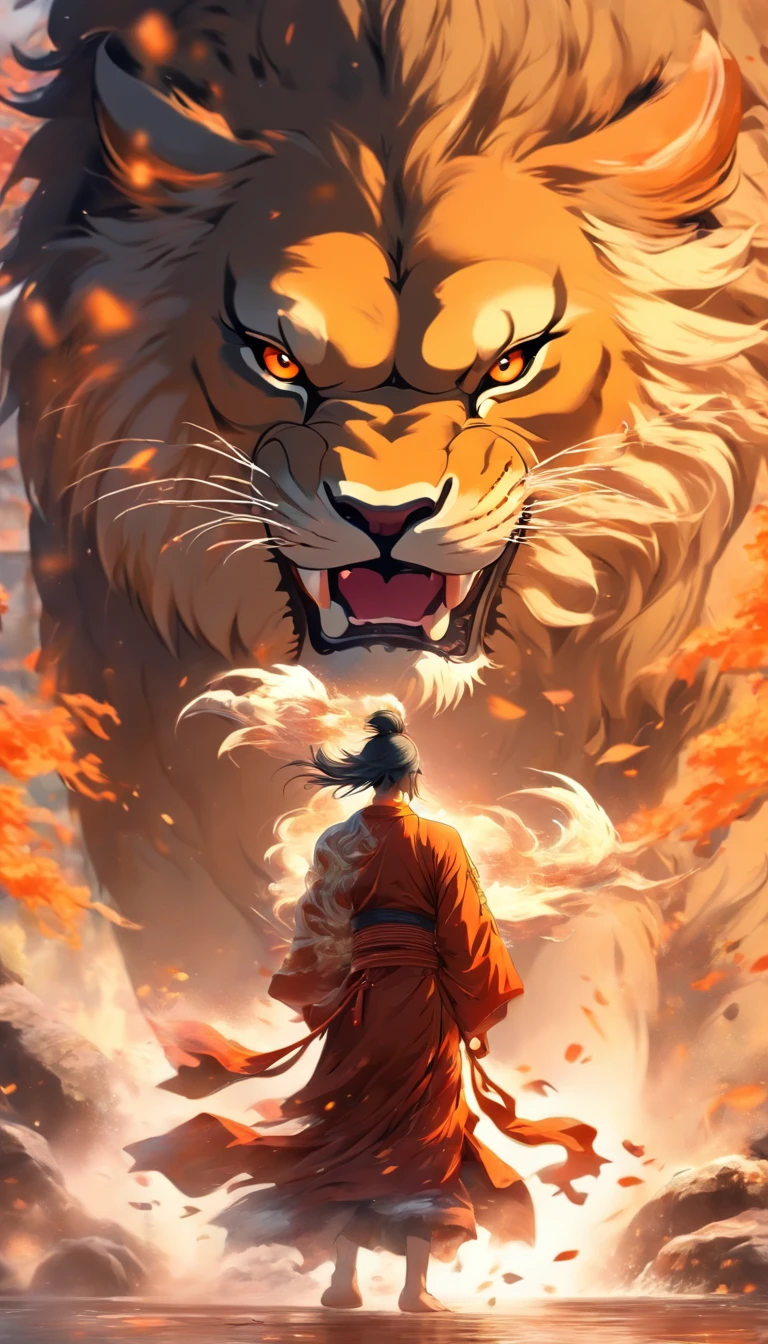 Estilo chino,中景 the scene is,The Taoist monk stood in front of a huge transparent lion,extendiendo sus manos,Cabello largo y desordenado,Efecto resplandor,hyper-realistic,Ultra foto realsisim,Estilo de tinta china en blanco y negro,plata,Discoloration,mancha,manchado de tinta,8k,Super-fino,alta quaridad,OC renderizador