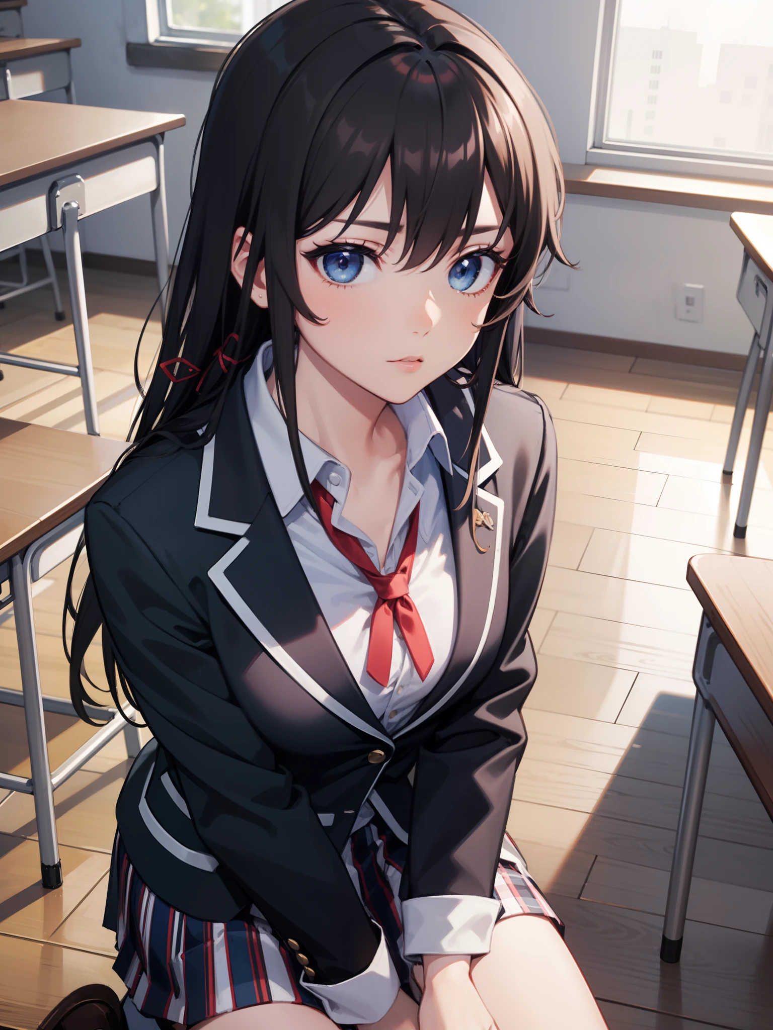 yukinoyukinoshita, yukino yukinoshita, black hair, blue eyes, long hair, BREAK blazer, cardigan, jacket, plaid, plaid skirt, school uniform, skirt, sobu high school uniform,, BREAK indoors, classroom, BREAK looking at viewer, (((sitting, kneeling down, on knees, on top of classroom bench))), (large boobs), BREAK (masterpiece:1.2), best quality, high resolution, unity 8k wallpaper, (illustration:0.8), (beautiful detailed eyes:1.6), extremely detailed face, perfect lighting, extremely detailed CG, (perfect hands, perfect anatomy),