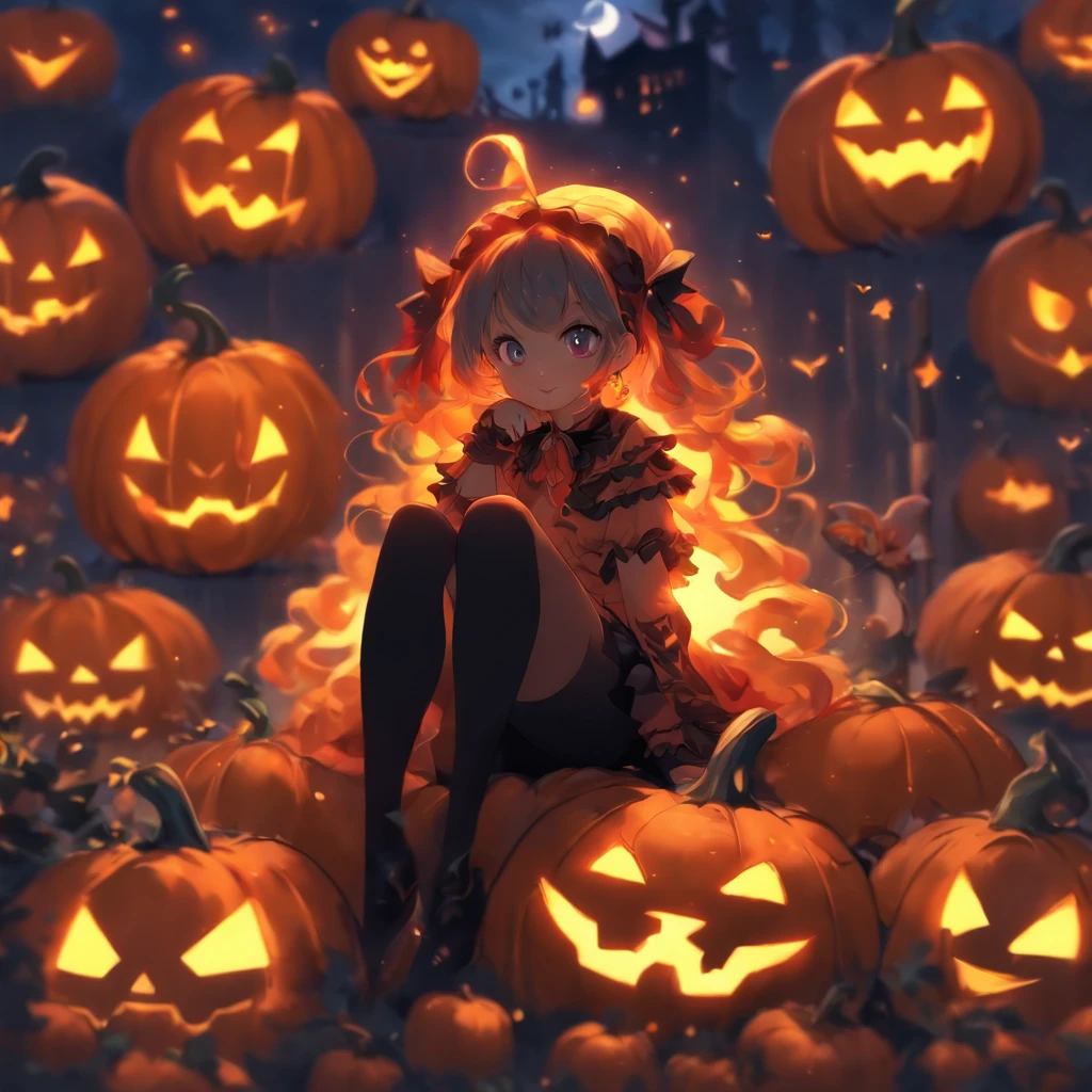 anime girl sitting on a giant pumpkin, halloween art style, trick or treat, halloween celebration, ❤🔥🍄🌪, halloween, loli, splash art anime loli, halloween theme, 🍂 cute, halloween night, in a halloween style, witch fairytale, zerochan art, hq artwork, halloween atmosphere, zerochan, halloween scene, graveyard setting, simple background, colorful background, kawaii,