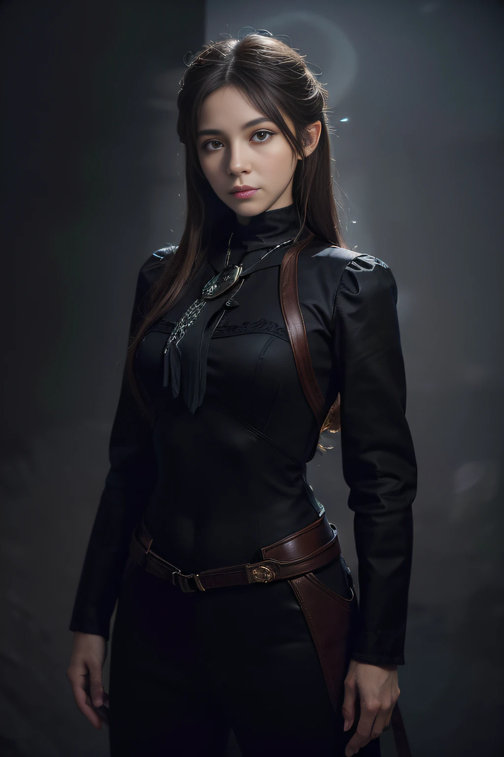 (front focus), (in the dark:1.6), Hyperrealist portrait of female by david hockney and alphonse mucha, fantasy art, photo realistic, dynamic lighting, artstation, poster, volumetric lighting, very detailed faces, 4 k, award winning, 1girl, in the dark, deep shadow, low key, cowboy shot, (official clothing:1.4), long hair, white hair