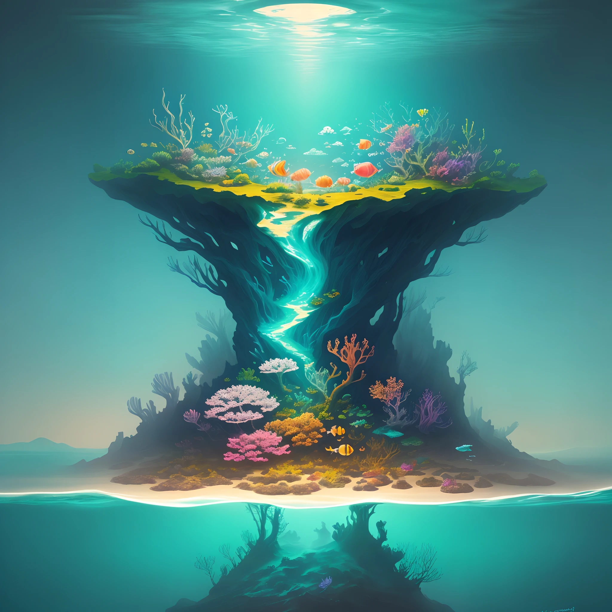 Create a vibrant and imaginative painting that depicts a surreal underwater world filled with floating islands, bioluminescent creatures, and a sense of tranquility.