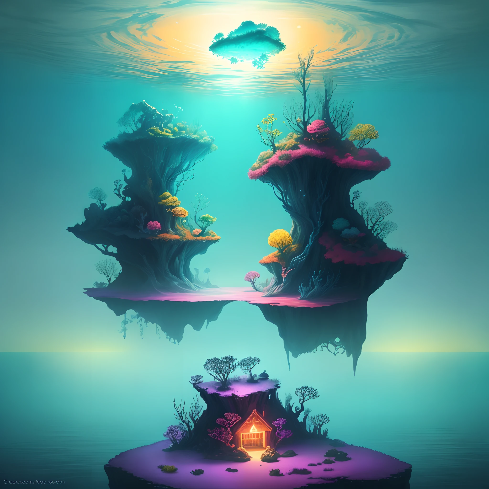 Create a vibrant and imaginative painting that depicts a surreal underwater world filled with floating islands, bioluminescent creatures, and a sense of tranquility.