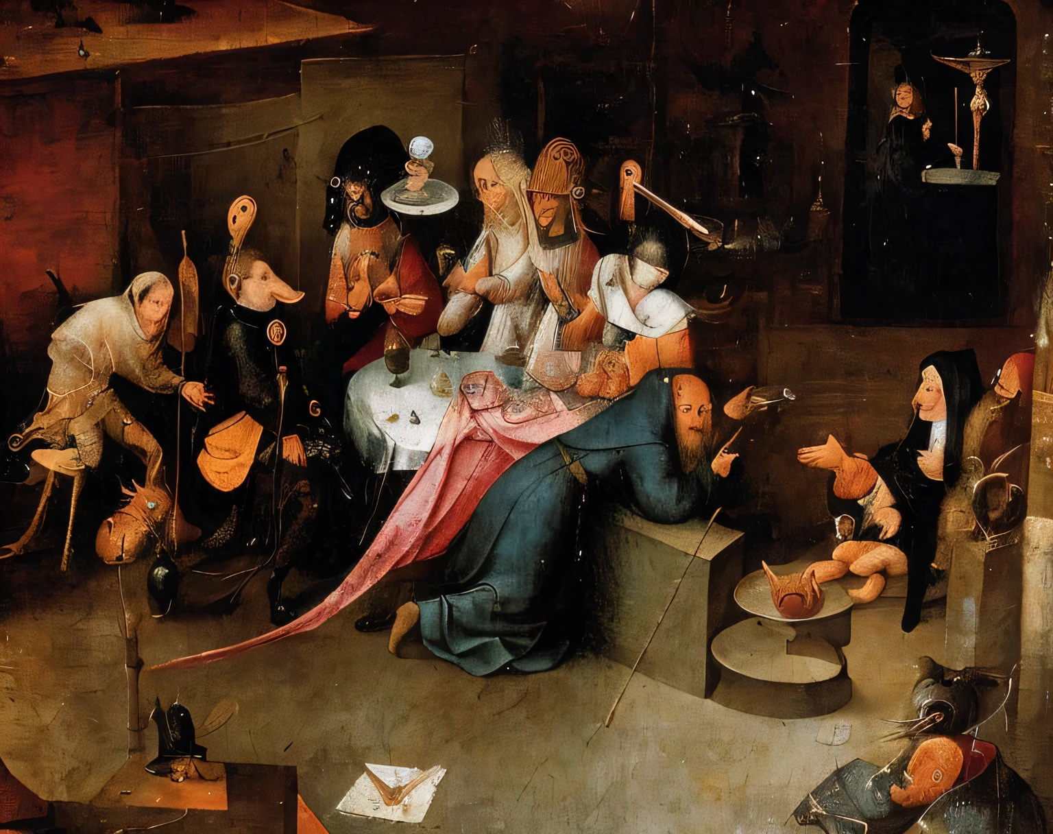 arafed painting of a group of people in a room with a table, heironymus bosch, hieronymus bosch style, by Hieronim Bosch, by Hieronymous Bosch, by Hieronymus Bosch, style of hieronymus bosch, inspired by Hieronim Bosch, in style of hieronymus bosch, painting by hieronymus bosch,8K,darkness,