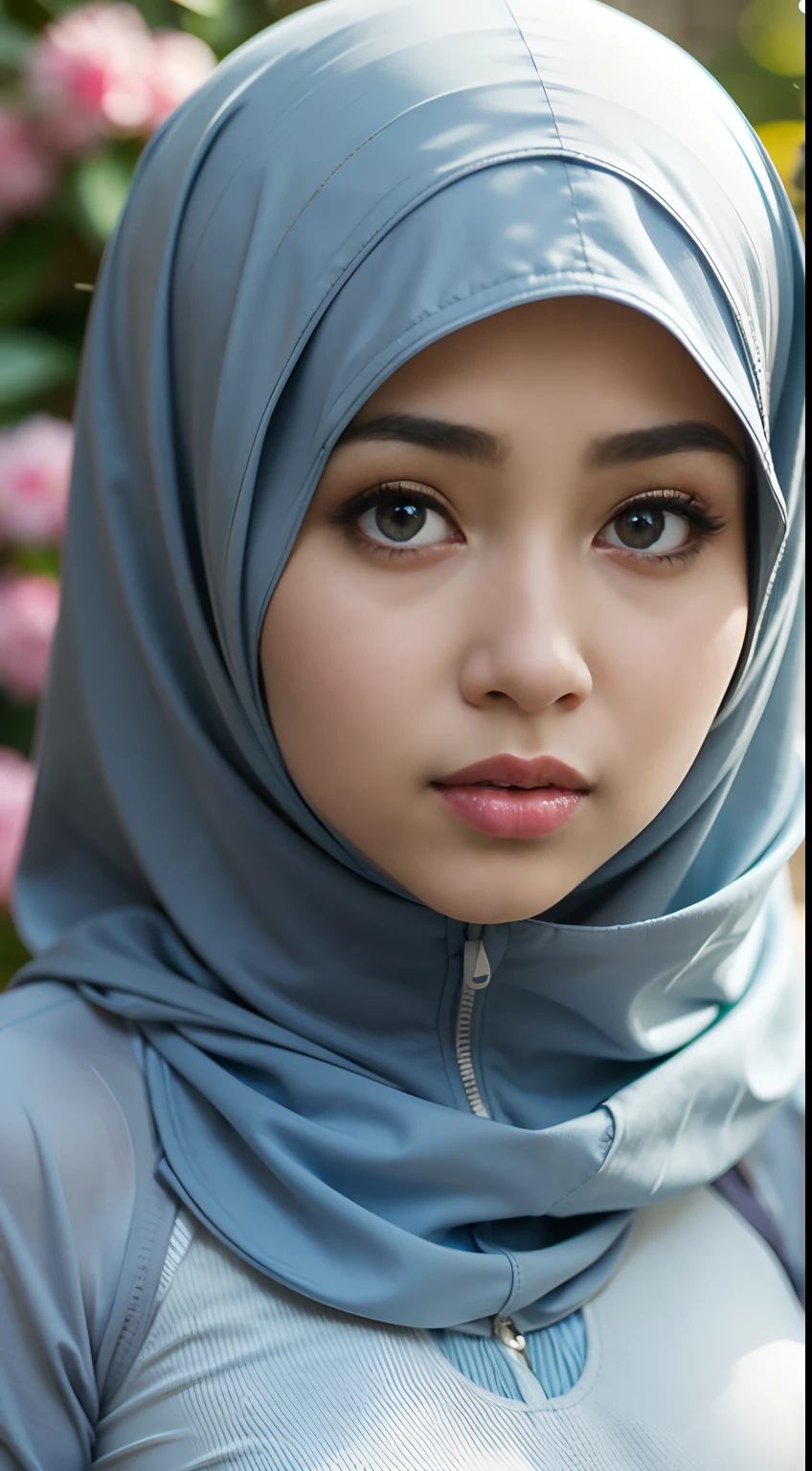 1 malay girl , modern plain hijab, shy, medium portrait shot , watery eyes ,droopy eyes, watery, lip glossy, sad face, ((big breast)), wear (hijab, long thick jubba thobbe),, dynamic pose, dynamic angle, , (big breast) , flower garden background, bokeh background, proportional body,