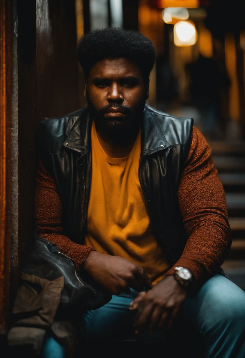 homem negro, trinta anos, um metro e setenta, com 120 kilos, sad face expression, sedentary