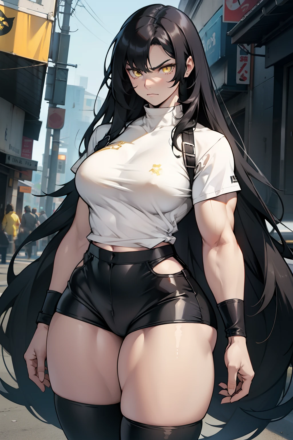 ((1girl muscular)) black hair very long hair yellow eyes pale skin angry tight shirt (thick thighs wide hips perky breasts)