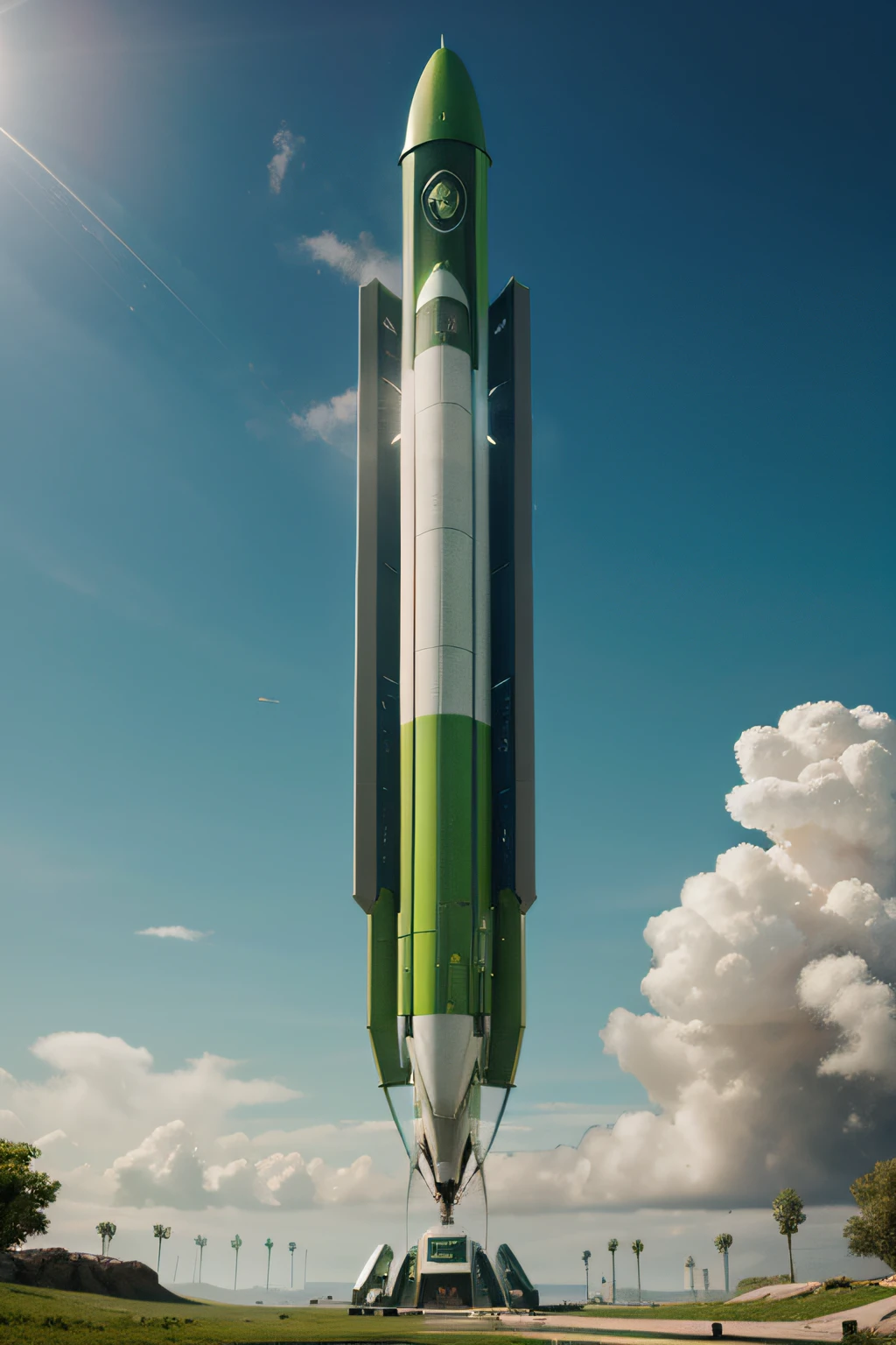 Create me a green rocket in a futuristic universe