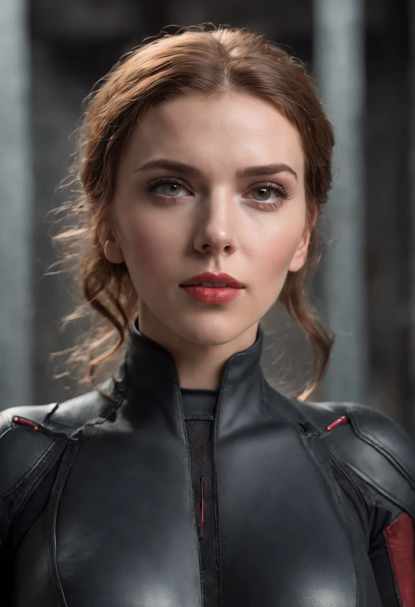 Scarlett Johansson as a 20-year-old woman in a detailed black widow outfit, super detallados, beautiful and aesthetic, Pieza maestra, La mejor calidad, ..RAW, super thin photo, La mejor calidad, Super High Resolution, foto realista, luz del sol, Retrato de cuerpo entero, Amazing beauty, dynamic pose, cara delicada, ojos vibrantes, (de frente), Lleva un traje de Viuda Negra, Very detailed abandoned warehouse background, cara detallada, Fondo detallado ocupado complejo, Desordenado, splendid, Detalles realistas de la piel, poros visibles, foco nítido, Realismo Hoto, Great metropolis in the future dystopia, Visto desde abajo, Translucent