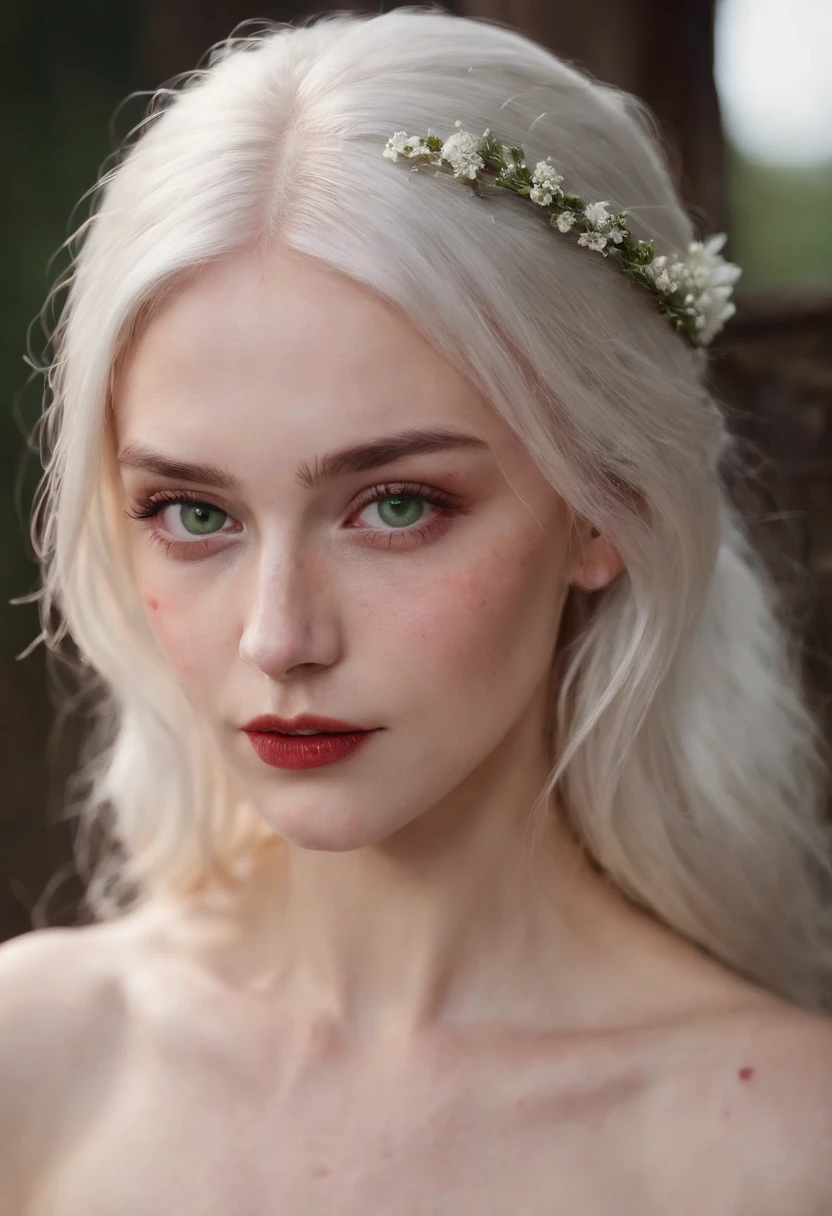 NSFW (((a deep reddish wound crosses her left cheek))) fair complexion, woman around 19 years old, natural white hair, distinctive green eyes, , slender and graceful, beautiful, candlelight in a medieval setting, ultra sharp focus, realistic shot, tetradic colors (scar:1.4)