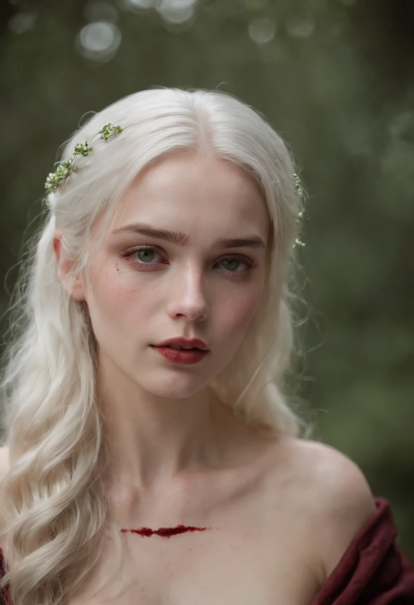 NSFW (((a deep reddish wound crosses her left cheek))) fair complexion, woman around 19 years old, natural white hair, distinctive green eyes, NUDE, slender and graceful, beautiful, candlelight in a medieval setting, ultra sharp focus, realistic shot, tetradic colors (scar:1.4)