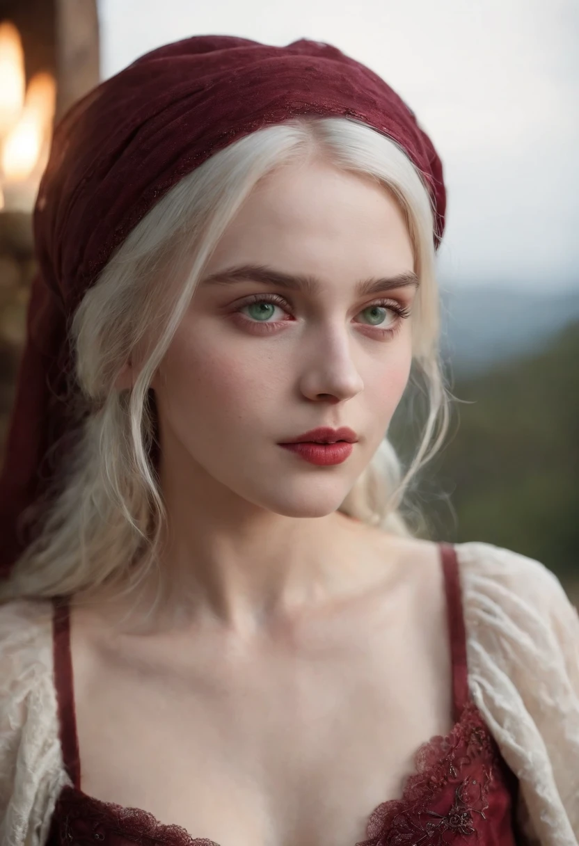 NSFW (((a deep reddish wound crosses her left cheek))) fair complexion, woman around 19 years old, natural white hair, distinctive green eyes, NUDE, slender and graceful, beautiful, candlelight in a medieval setting, ultra sharp focus, realistic shot, tetradic colors (scar:1.4)