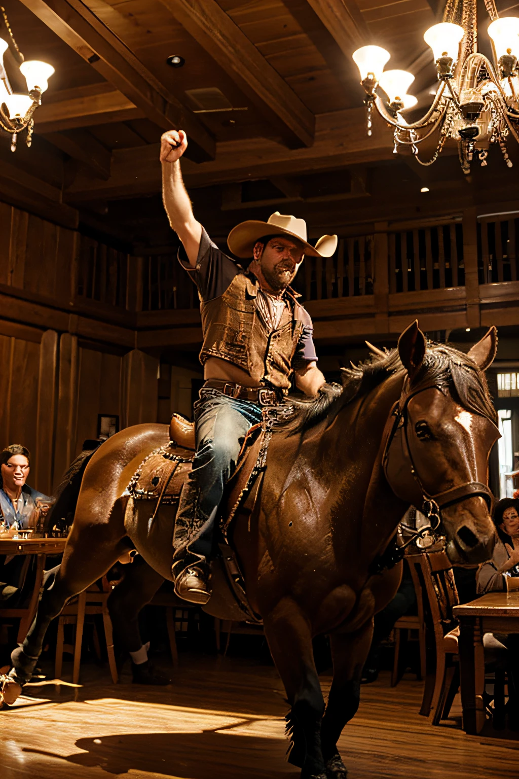 "Cowboy riding a mechanical bull in a posh dining room in Oregon.