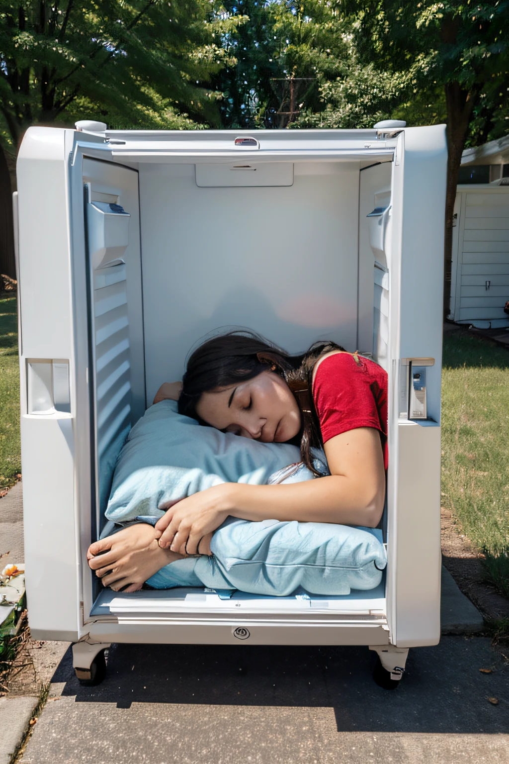 Person sleeping on a refrigerator outside in a Pennsylvania suburb.