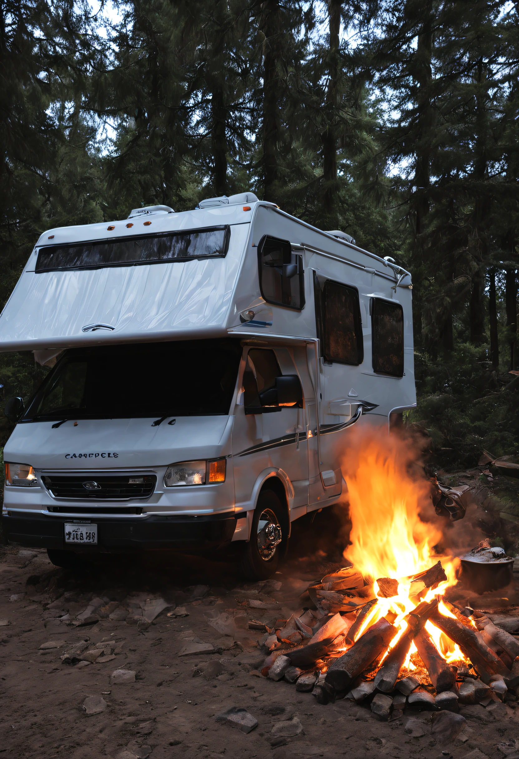 There is a camper van parked next to a campfire in the woods - SeaArt AI