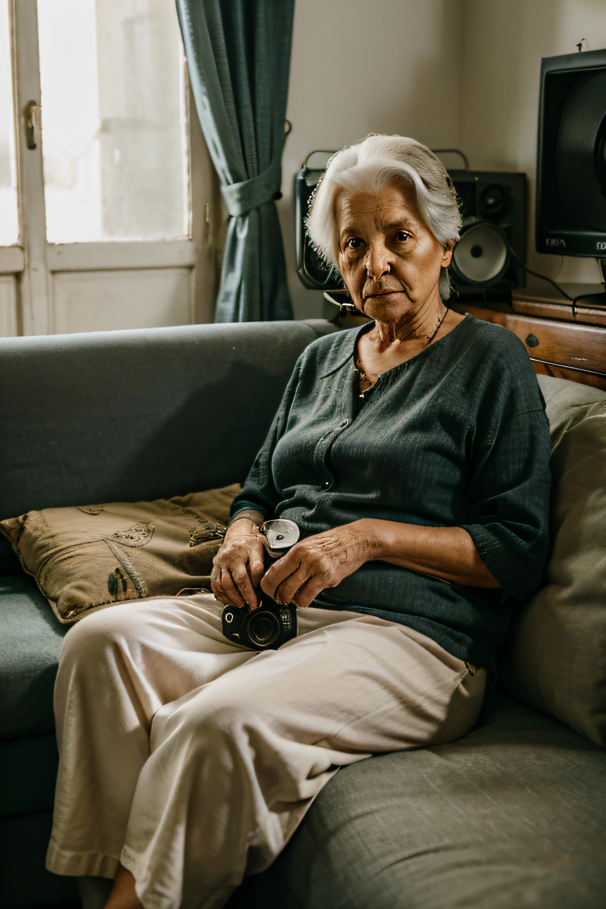 An old woman sitting on a sofa, com um segurando um radio antigo, cinematografico, in high definition