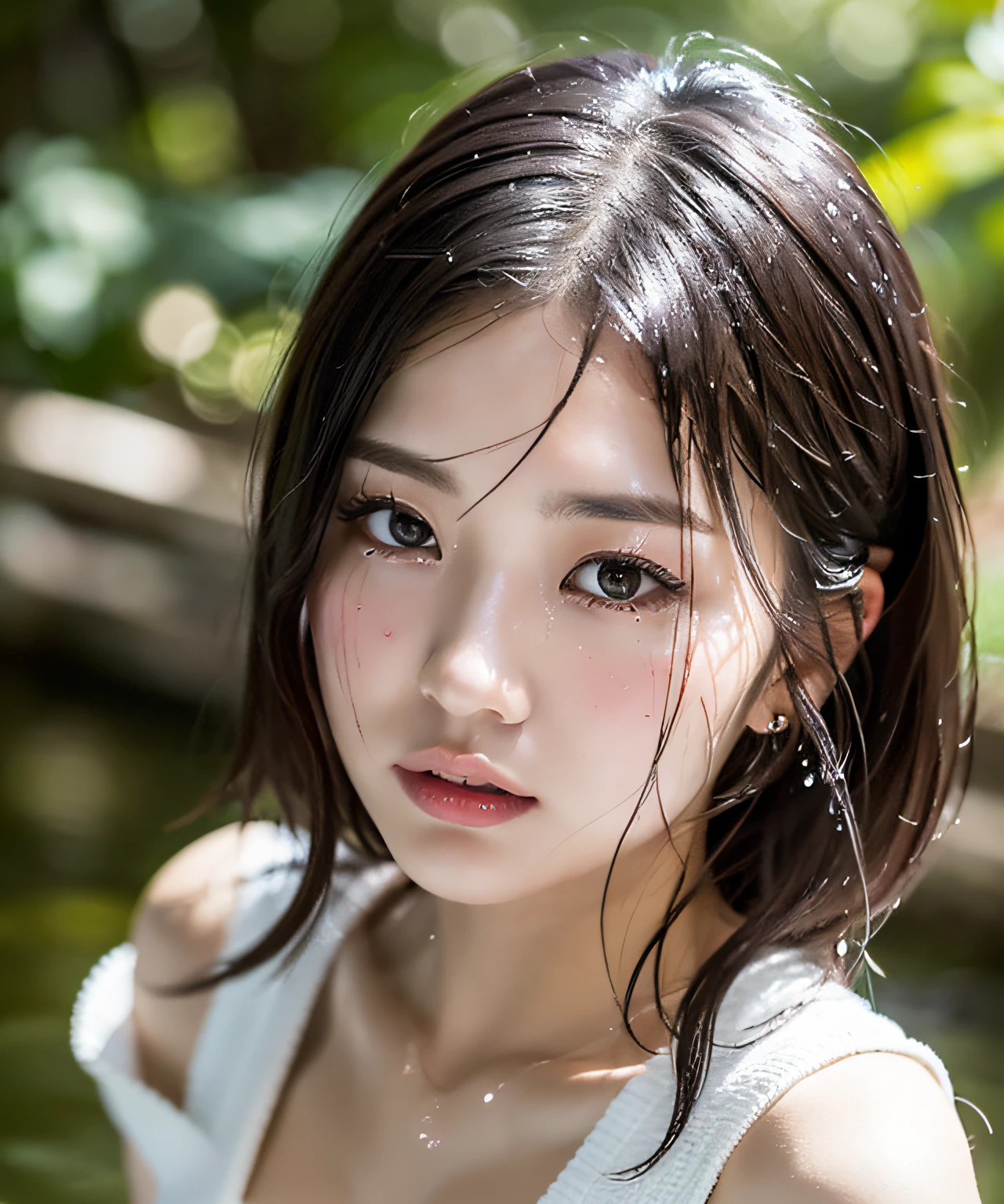 ((top-quality, 10, masterpiece: 1.3)), Women (Bathe in hot springs), sweating, Water droplets on the forehead of the face.., outdoor, Forest Background, Overhead Camera, crisp focus: 1.2, cute woman: 1.4, (Layered Haircut)), (White shirt), The face and skin and hair are very detailed.., Black knot hair, Wet meat wool, body dripping wet, detailed eyes, 二重まぶた, White skin, beautiful legs, Beautiful delicate nose.., Cute Japanese Girl, 20 age, With dynamic angle, Create a melancholy mood characterized by calm tones and a contrasting combination of light and shadow.., While highlighting the subject's hair.., eye, Mouth and action, It is a pleasant and suggestive composition...