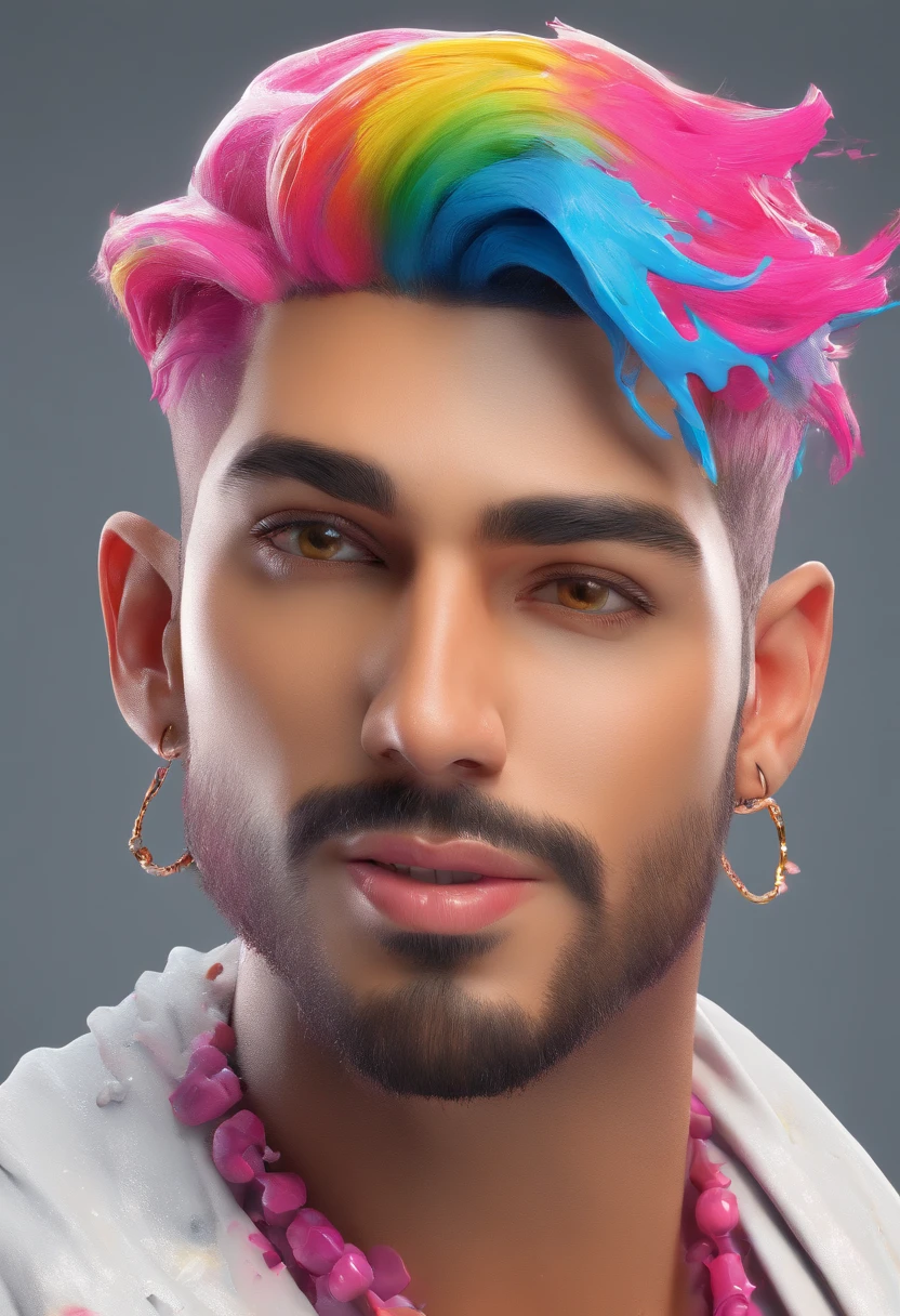 (Masterpiece, Best Quality, High Resolution), White Background, ((Paint Splash, Color Splash, Splash of Ink, Color Splash)), handsome bangladeshi guy, Rainbow Hair, Pink Lips, Front, Upper Body